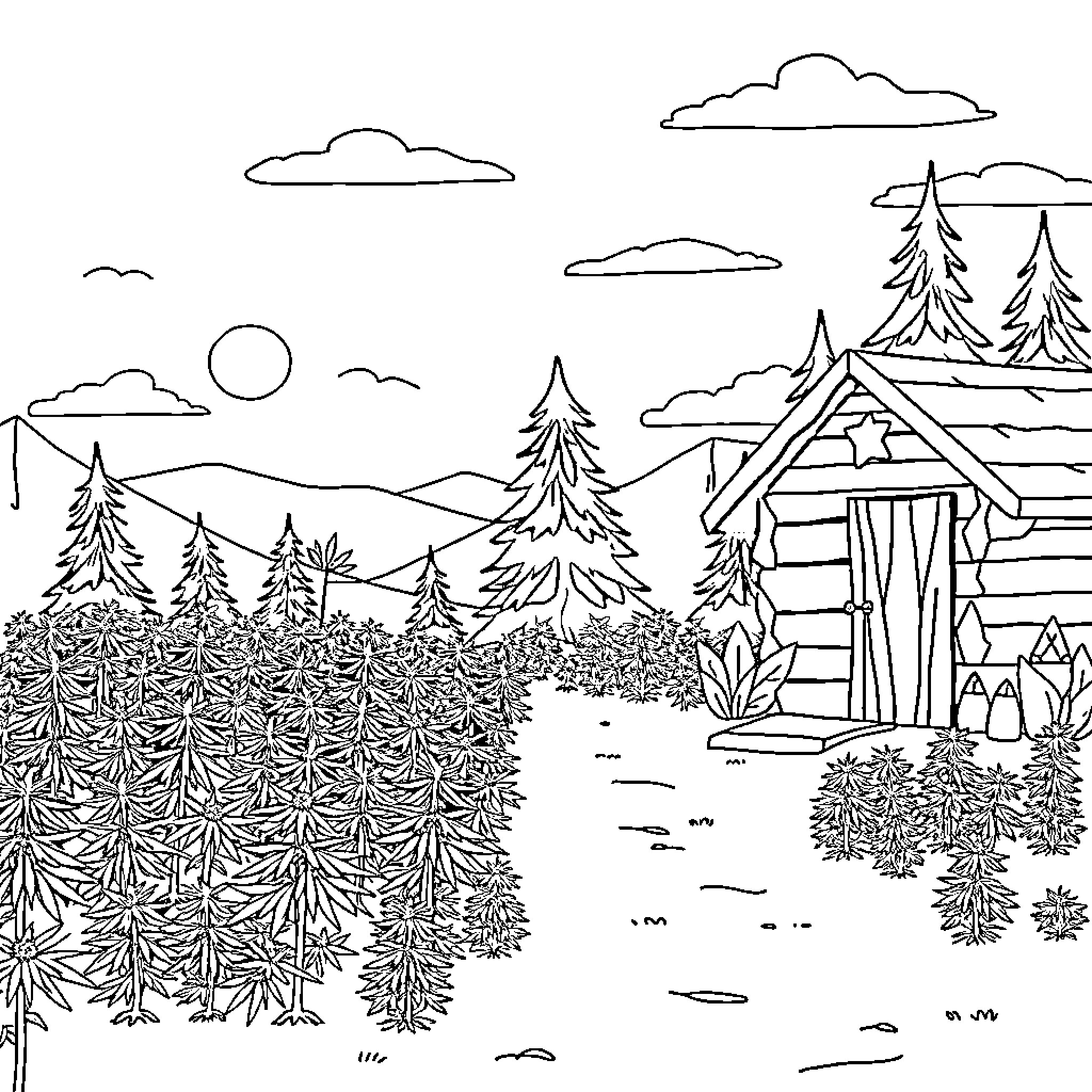 Weed growing in a rustic cabin countryside landscape Coloring Page (free black-and-white line drawing printable PDF for all, from beginners to advanced learners, including children, teens, adults, and seniors)