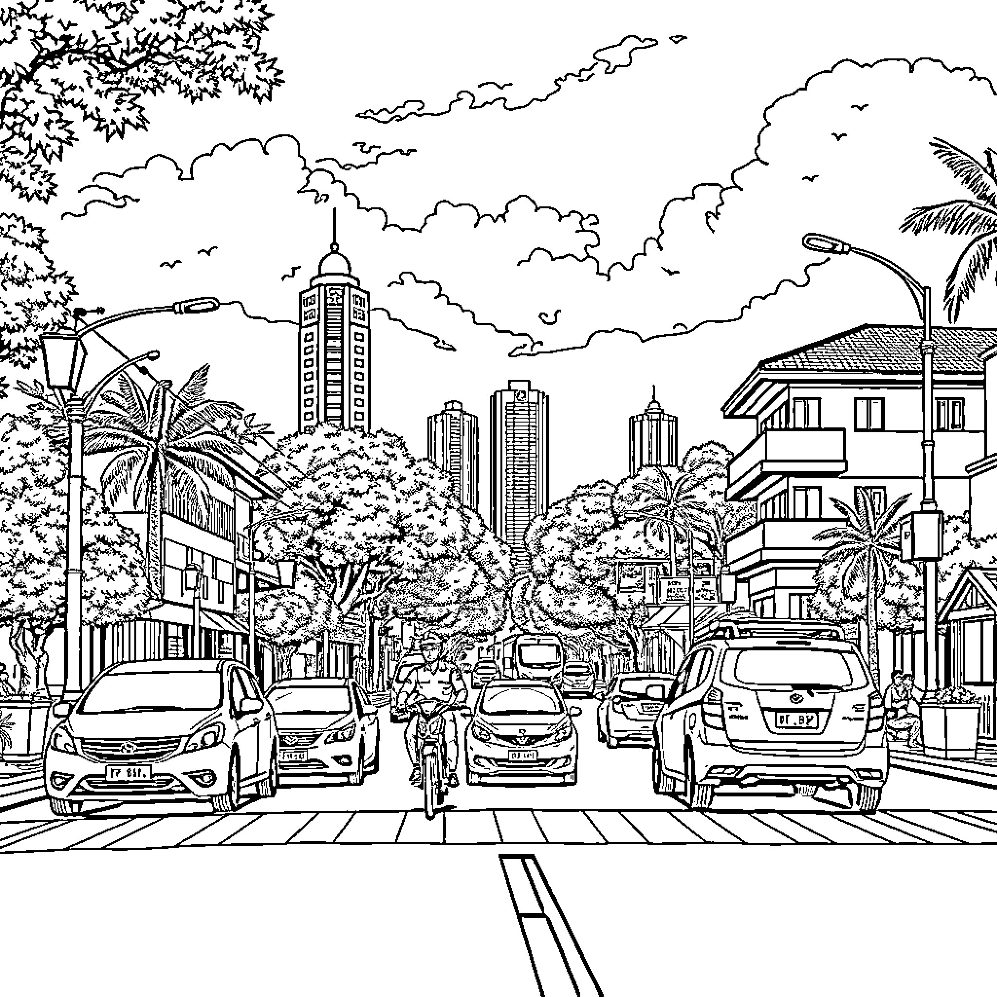 Landscape of a bustling city street with skyscrapers Coloring Page (free black-and-white line drawing printable PDF for all, from beginners to advanced learners, including children, teens, adults, and seniors)