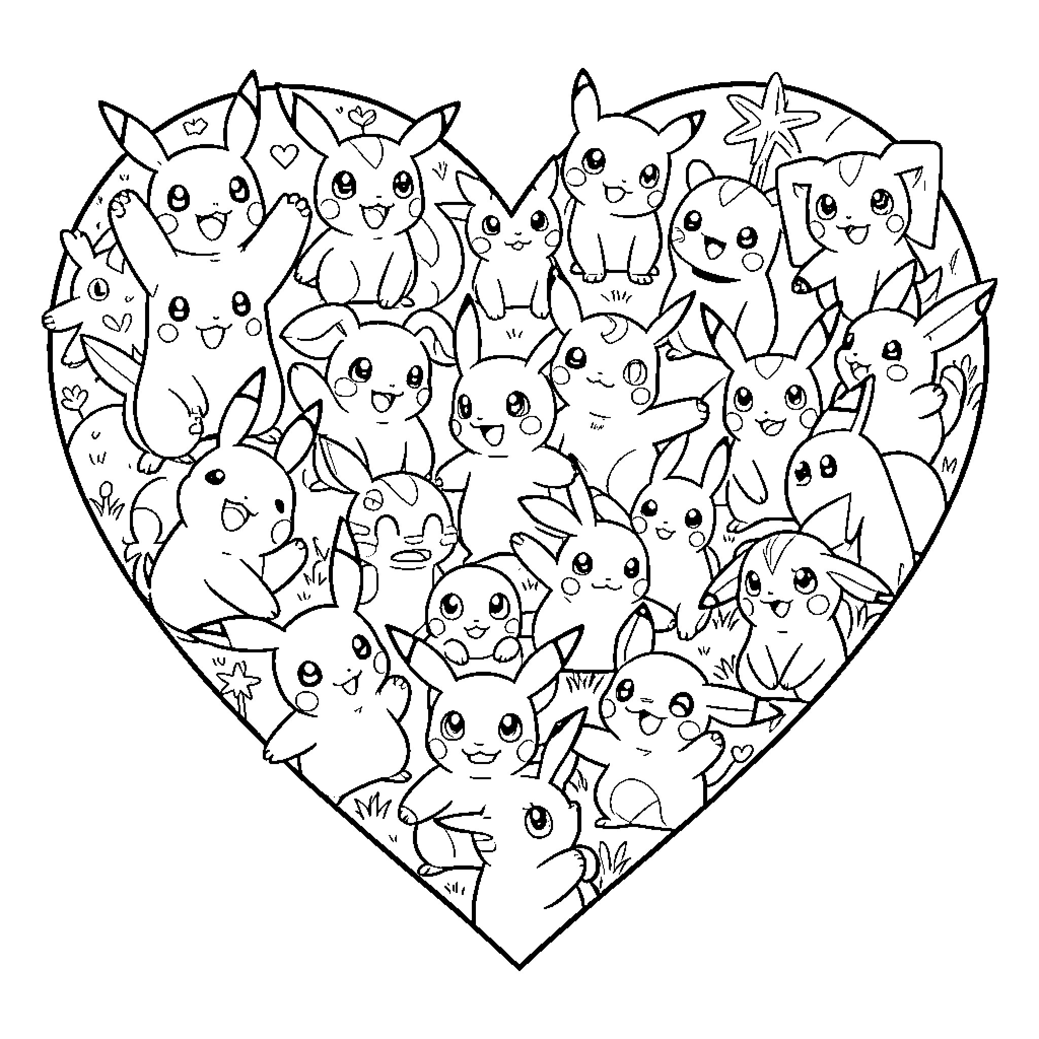 Pokémon gathering together inside a large heart shape Coloring Page (free black-and-white line drawing printable PDF for all, from beginners to advanced learners, including children, teens, adults, and seniors)