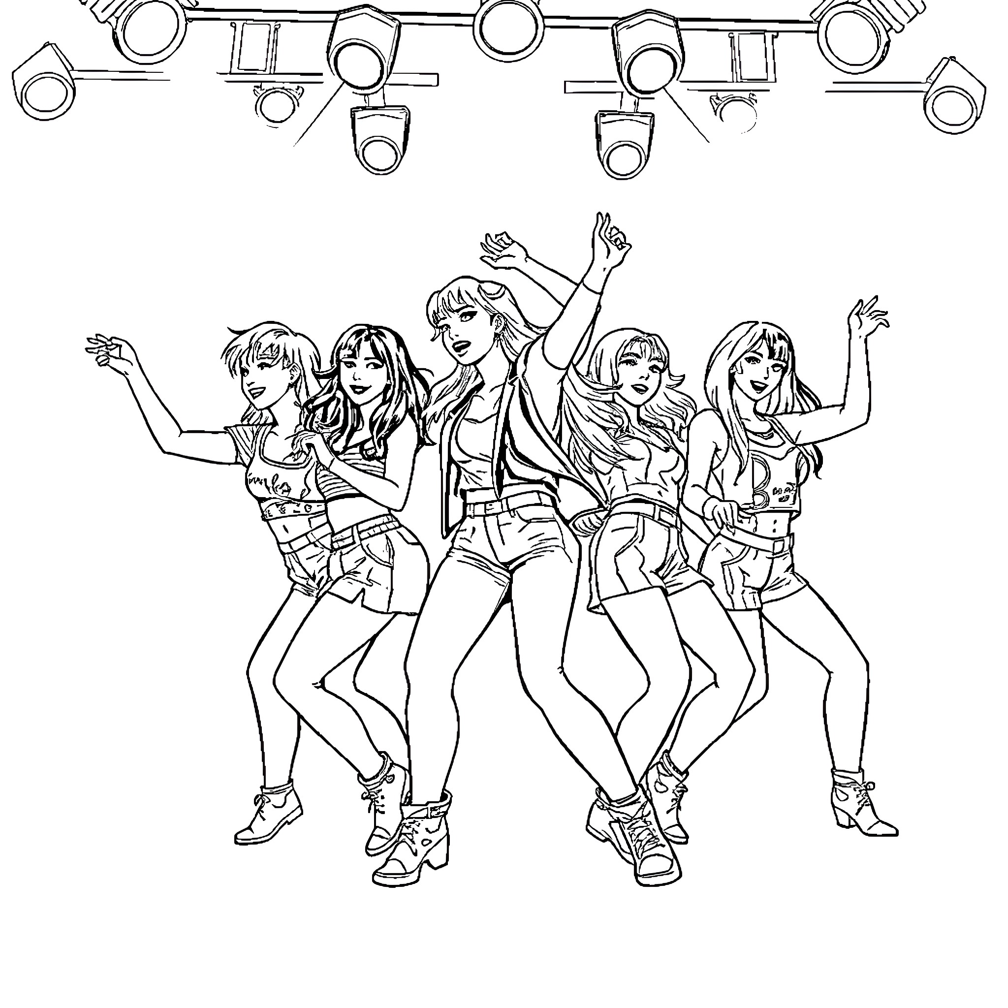 Kpop female dance group performing energetic routine Coloring Page (free black-and-white line drawing printable PDF for all, from beginners to advanced learners, including children, teens, adults, and seniors)