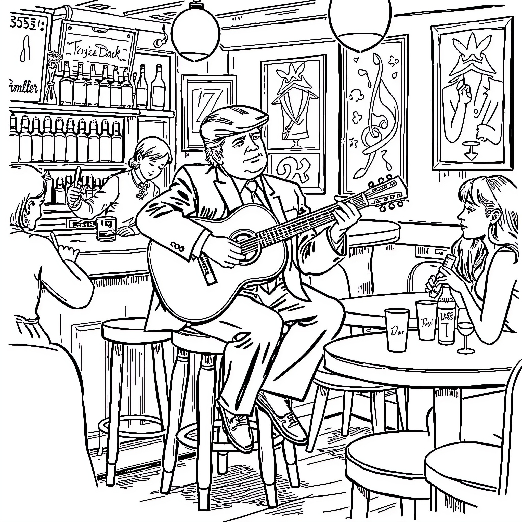 Trump Plays Guitar with Friends in Lively Bar Scene Coloring Page (free black-and-white line drawing printable PDF for all, from beginners to advanced learners, including children, teens, adults, and seniors)
