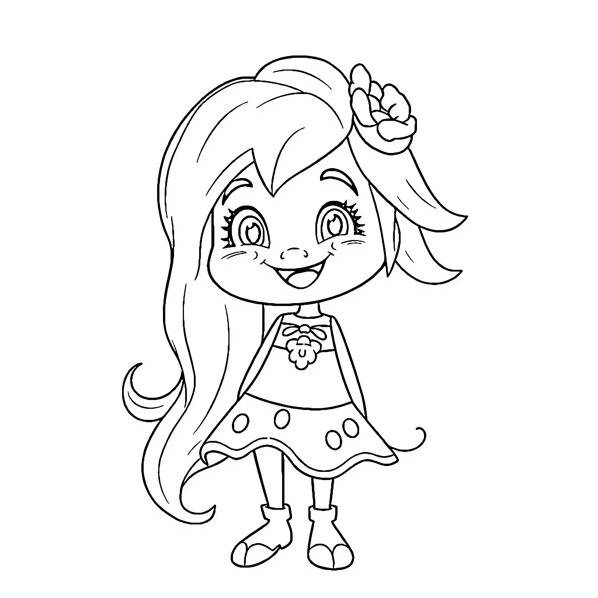 Chüntia's Cheerful Expression and Flower Dress Coloring Page (free black-and-white line drawing printable PDF for all, from beginners to advanced learners, including children, teens, adults, and seniors)