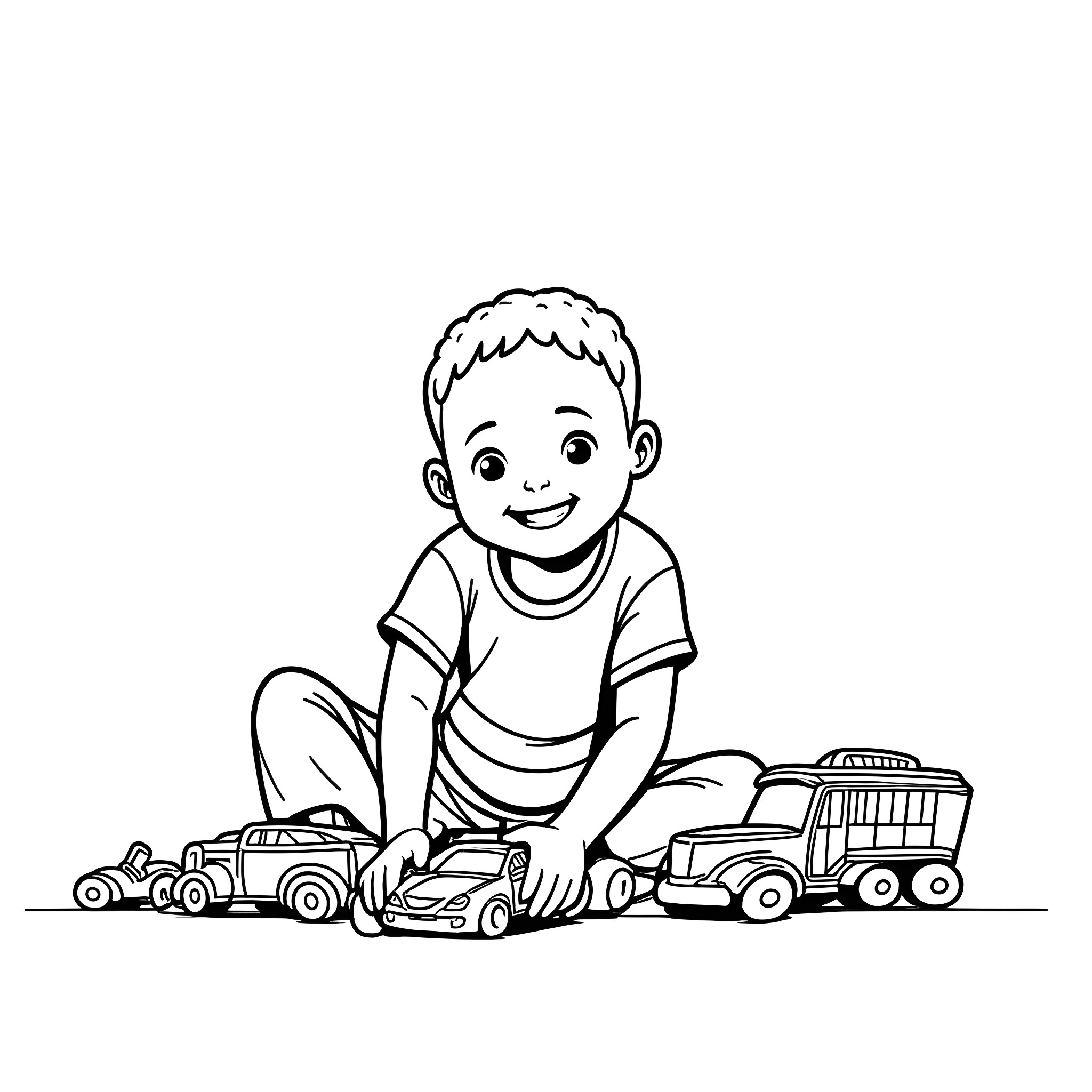 Boy playing happily with toy cars on the floor Coloring Page (free black-and-white line drawing printable PDF for all, from beginners to advanced learners, including children, teens, adults, and seniors)