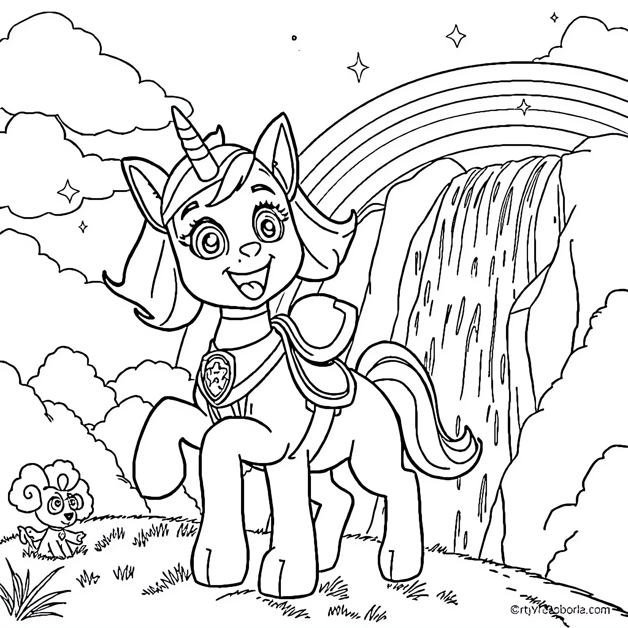 Skye the unicorn exploring a magical landscape Coloring Page (free black-and-white line drawing printable PDF for all, from beginners to advanced learners, including children, teens, adults, and seniors)