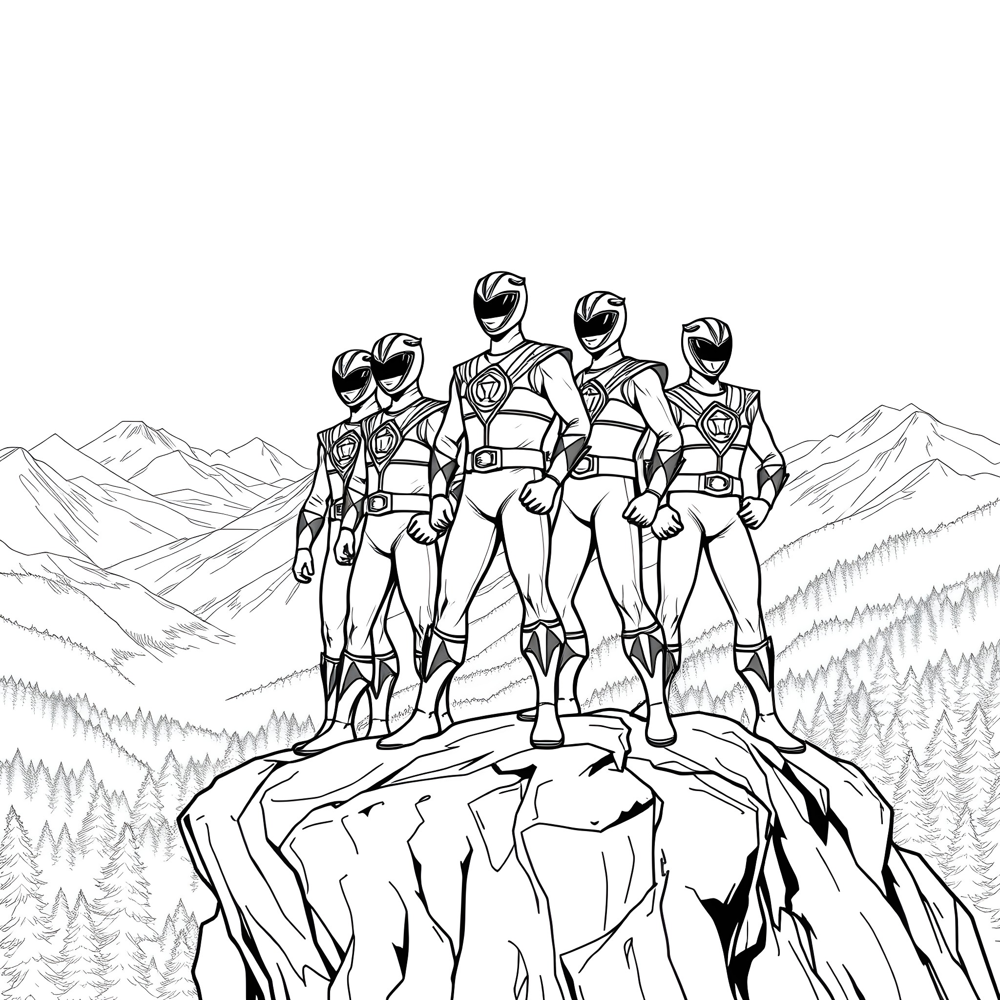 Power Rangers standing united on a mountain peak Coloring Page (free black-and-white line drawing printable PDF for all, from beginners to advanced learners, including children, teens, adults, and seniors)