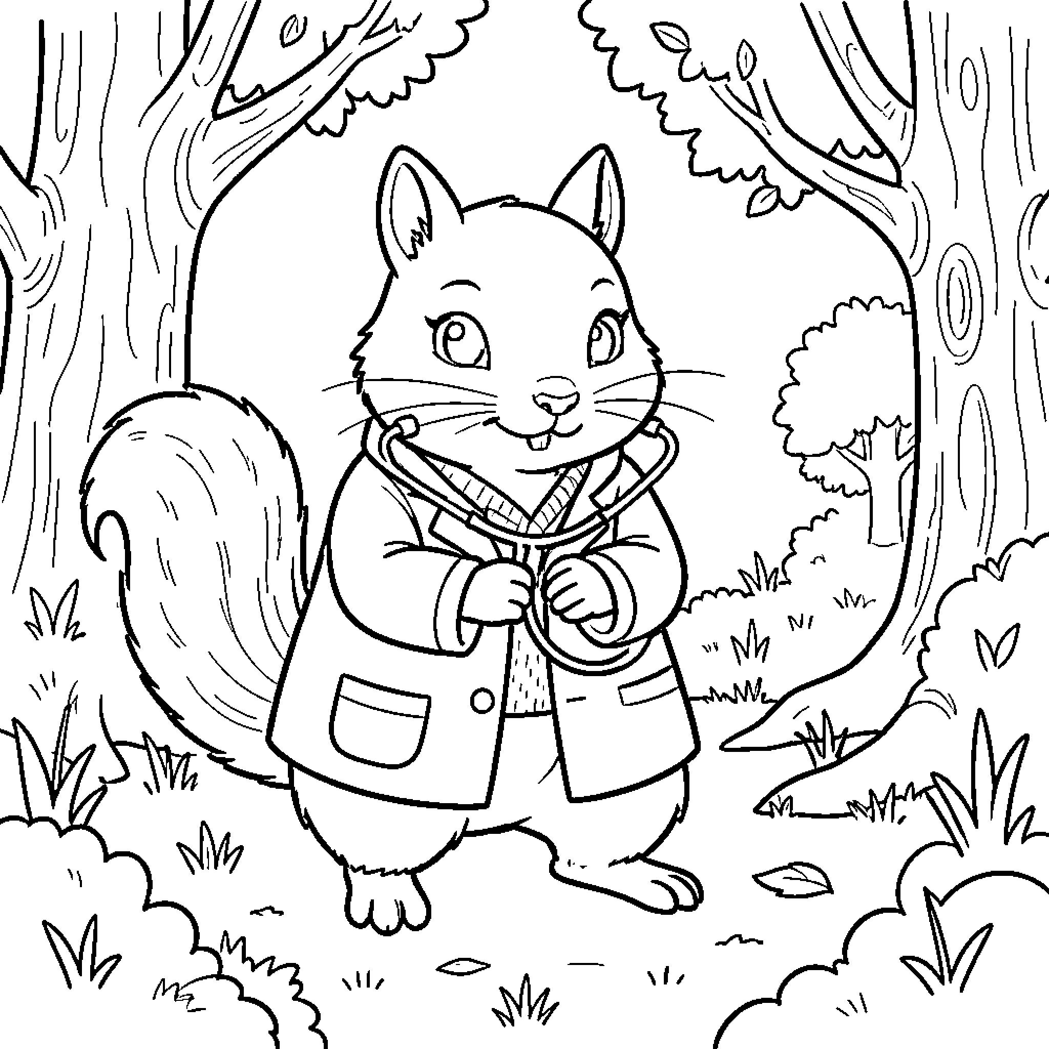 Squirrel wearing a coat in the forest Coloring Page (free black-and-white line drawing printable PDF for all, from beginners to advanced learners, including children, teens, adults, and seniors)