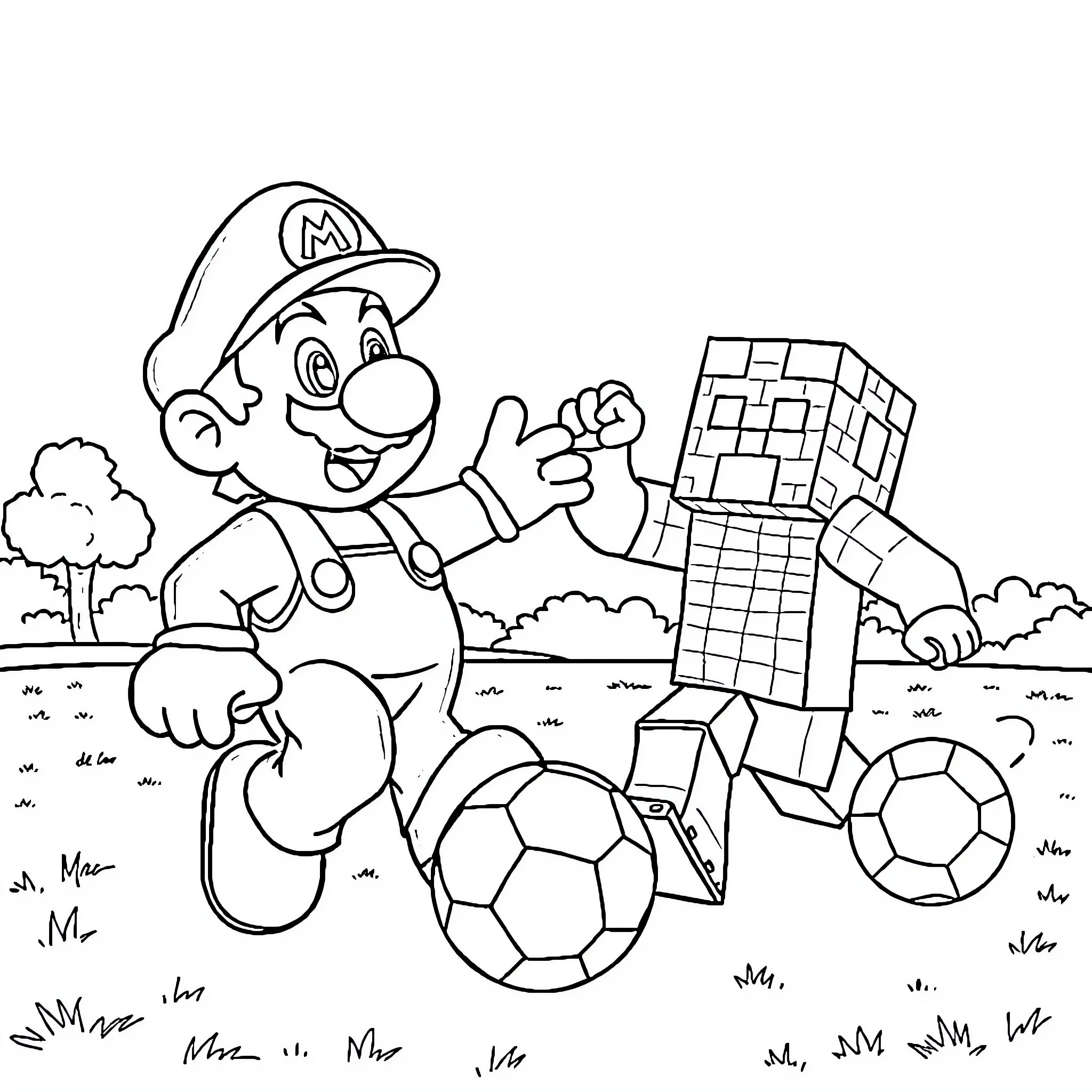 Mario enjoying outdoor adventures with blocks and balls Coloring Page (free black-and-white line drawing printable PDF for all, from beginners to advanced learners, including children, teens, adults, and seniors)