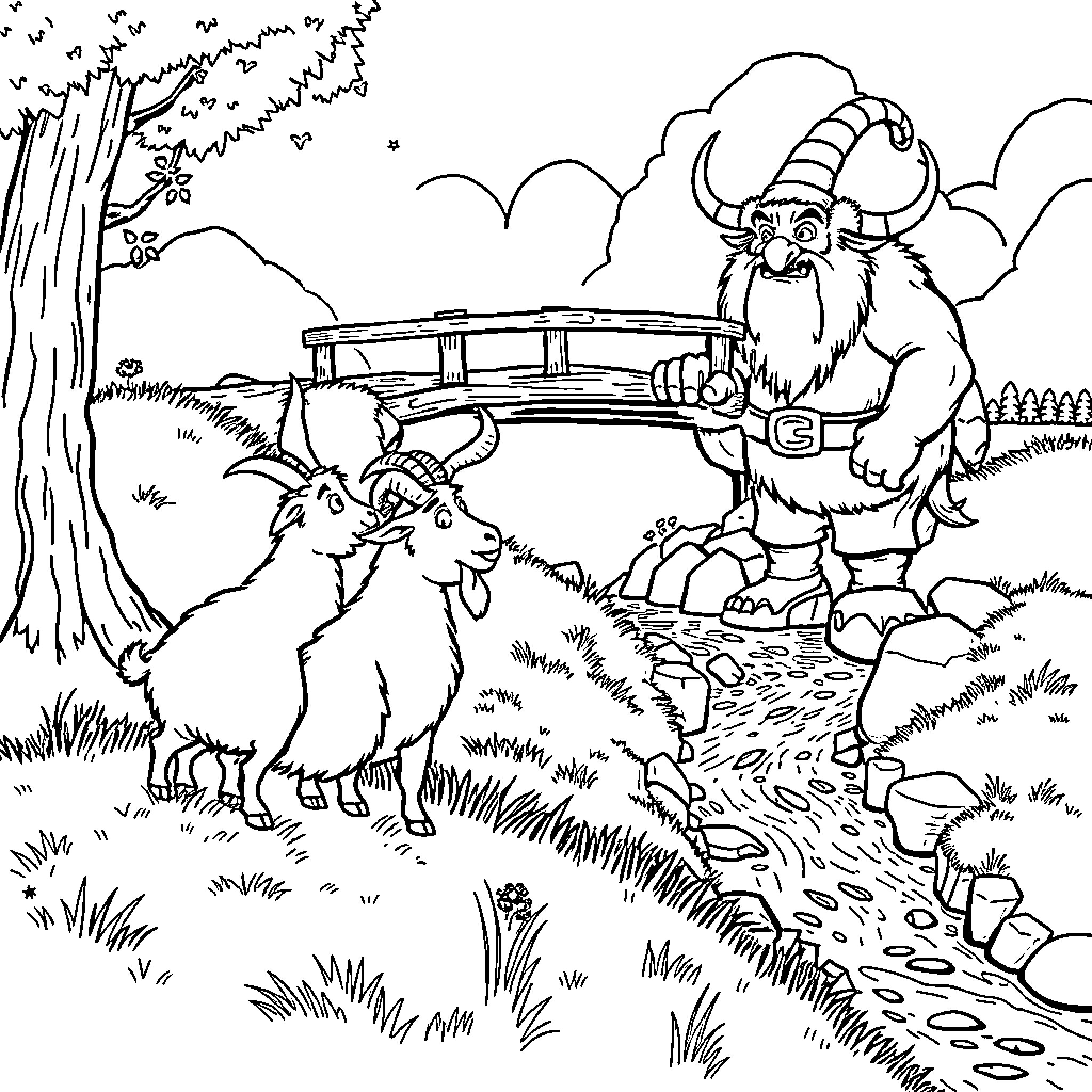 Billy Goat and Goats Crossing Bridge in Nature Coloring Page (free black-and-white line drawing printable PDF for all, from beginners to advanced learners, including children, teens, adults, and seniors)