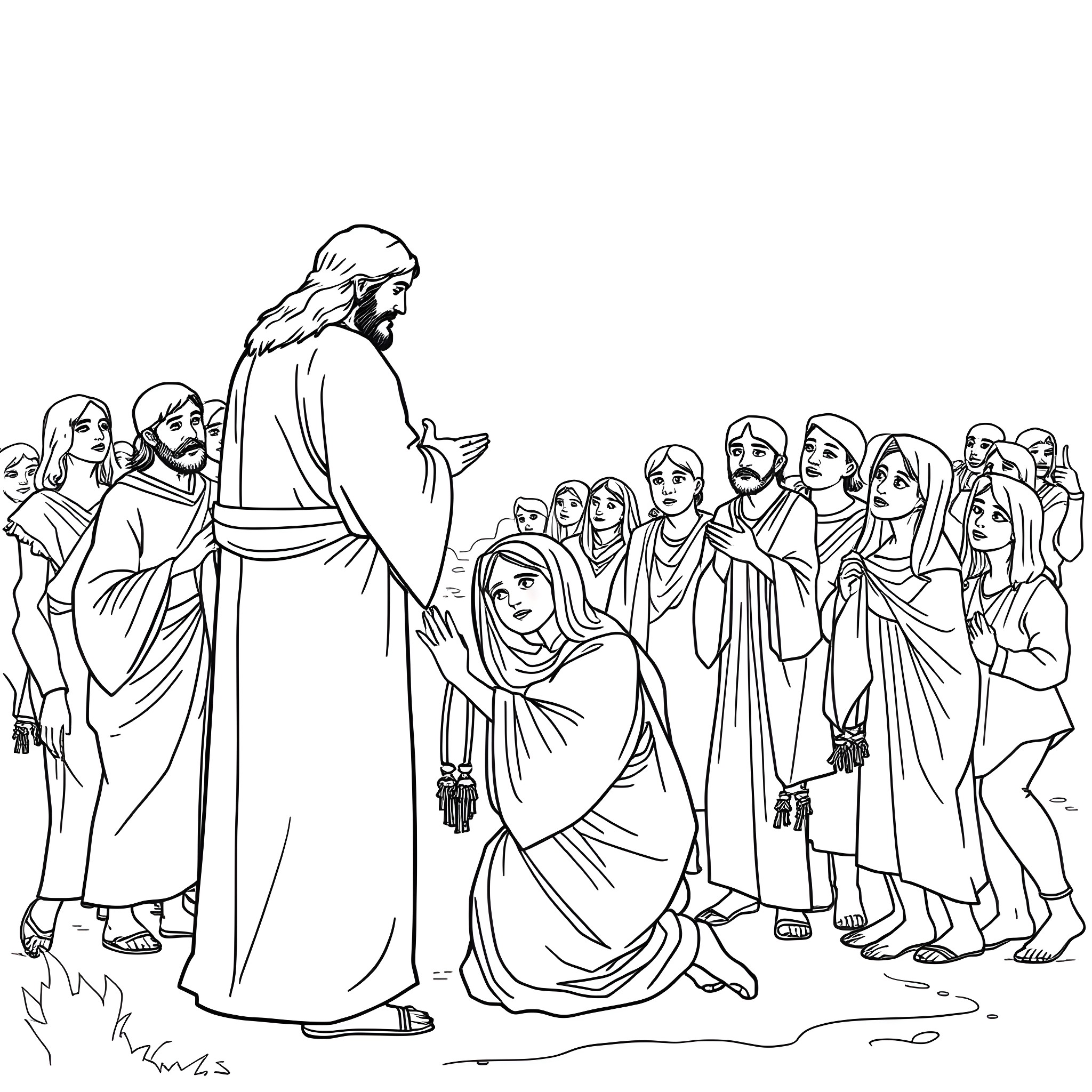 Jesus teaching and preaching to a crowd of people Coloring Page (free black-and-white line drawing printable PDF for all, from beginners to advanced learners, including children, teens, adults, and seniors)
