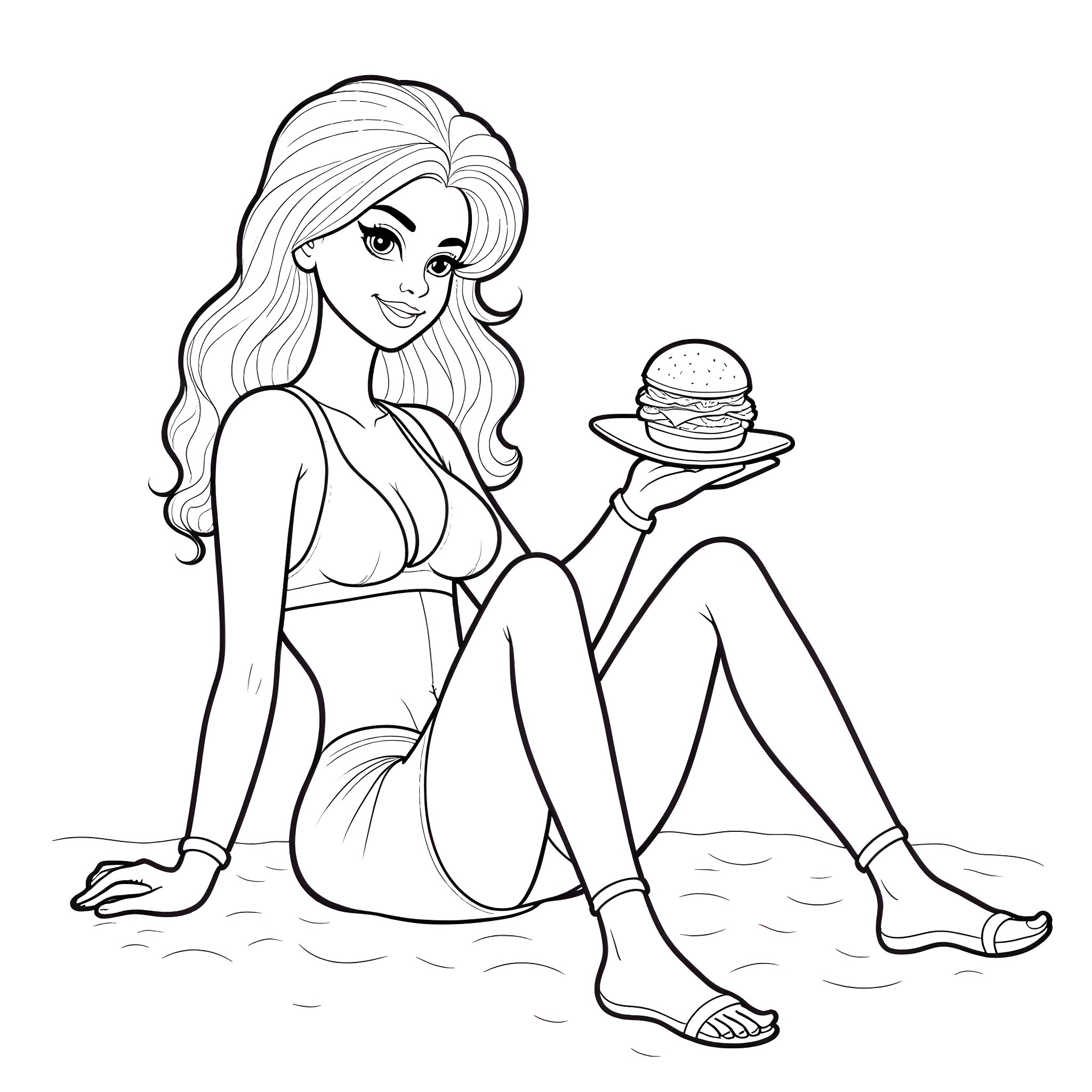 Barbie relaxing on the beach with a hamburger Coloring Page (free black-and-white line drawing printable PDF for all, from beginners to advanced learners, including children, teens, adults, and seniors)