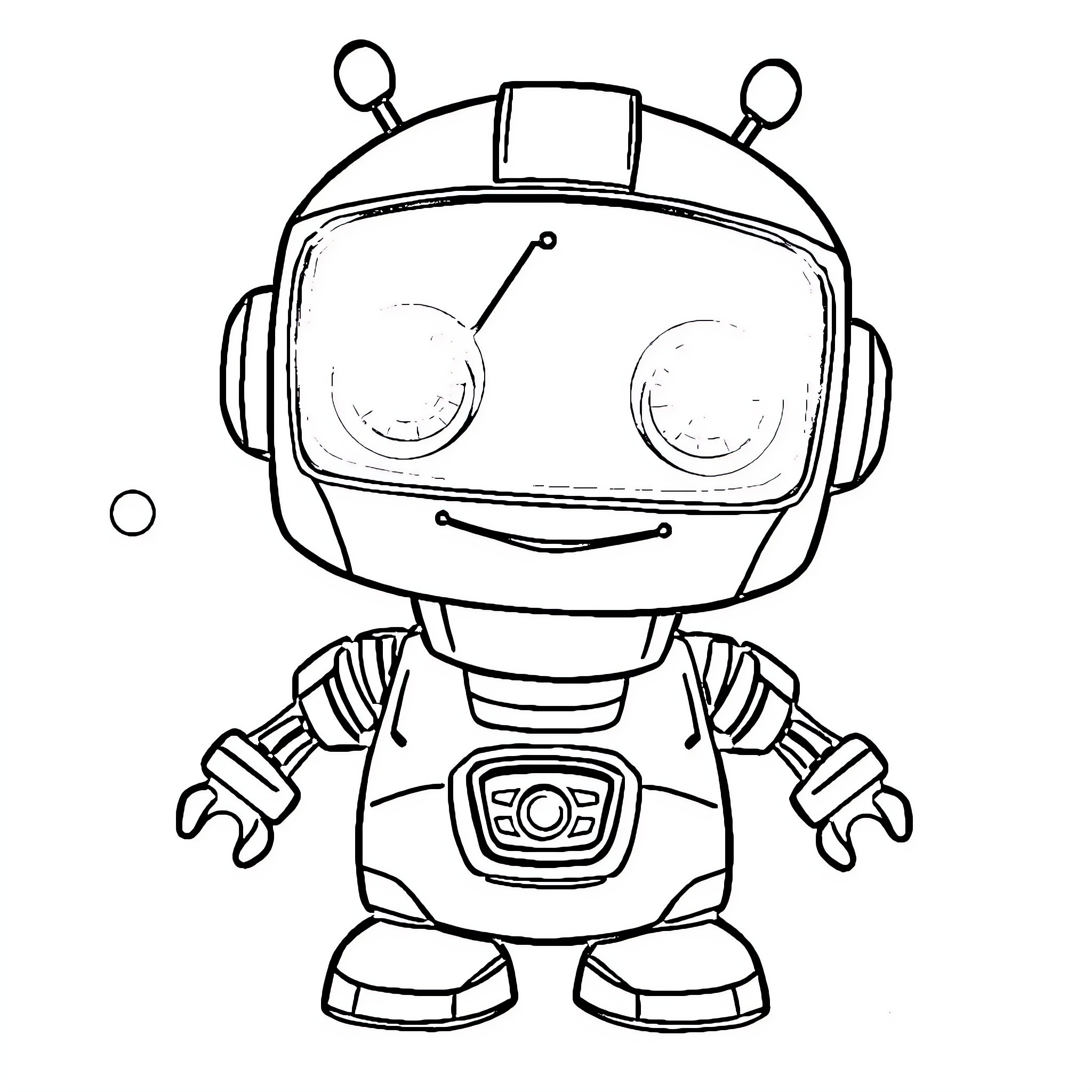 Robot with a happy expression and cartoon-like design Coloring Page (free black-and-white line drawing printable PDF for all, from beginners to advanced learners, including children, teens, adults, and seniors)
