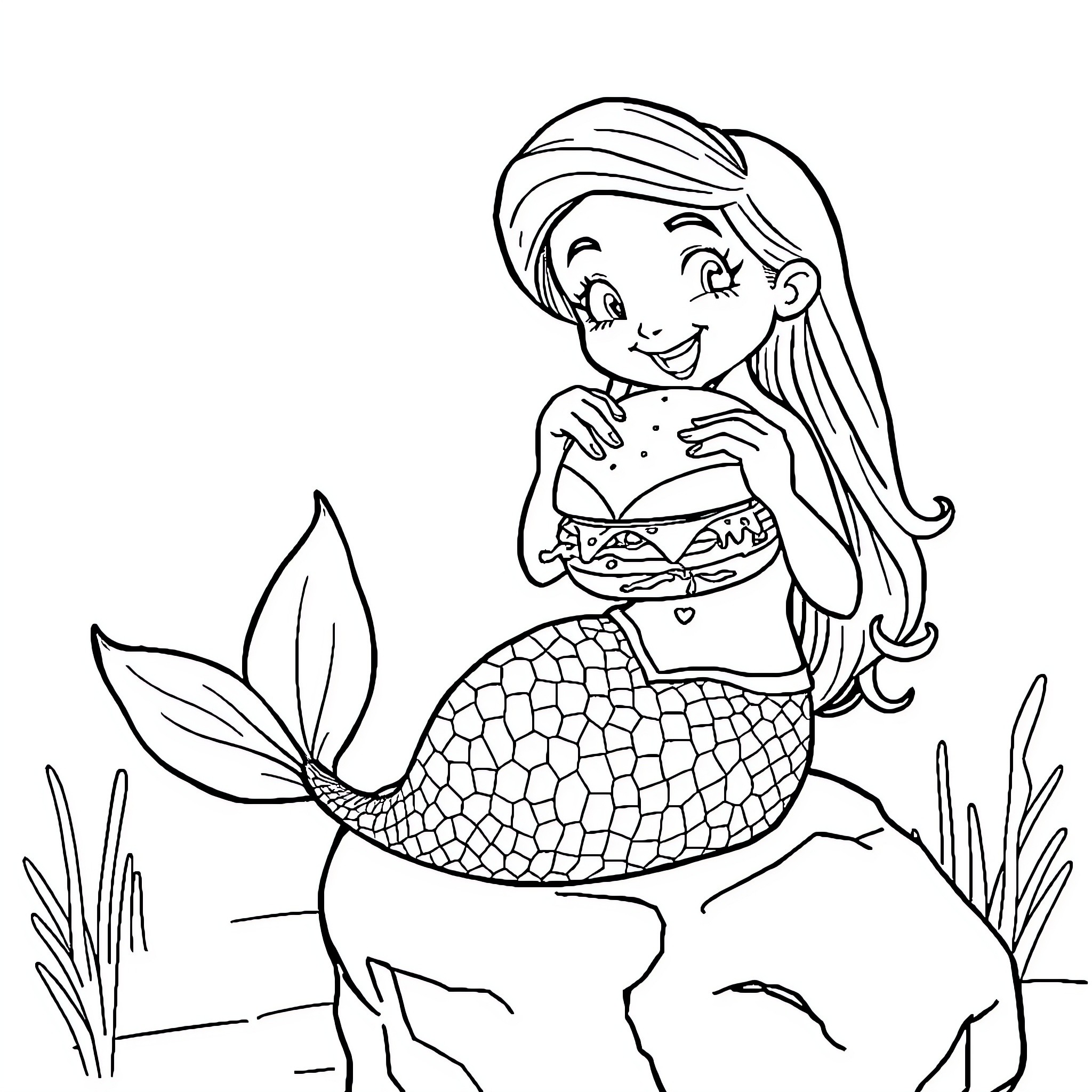 Mermaid sitting on a rock with a cheerful expression Coloring Page (free black-and-white line drawing printable PDF for all, from beginners to advanced learners, including children, teens, adults, and seniors)