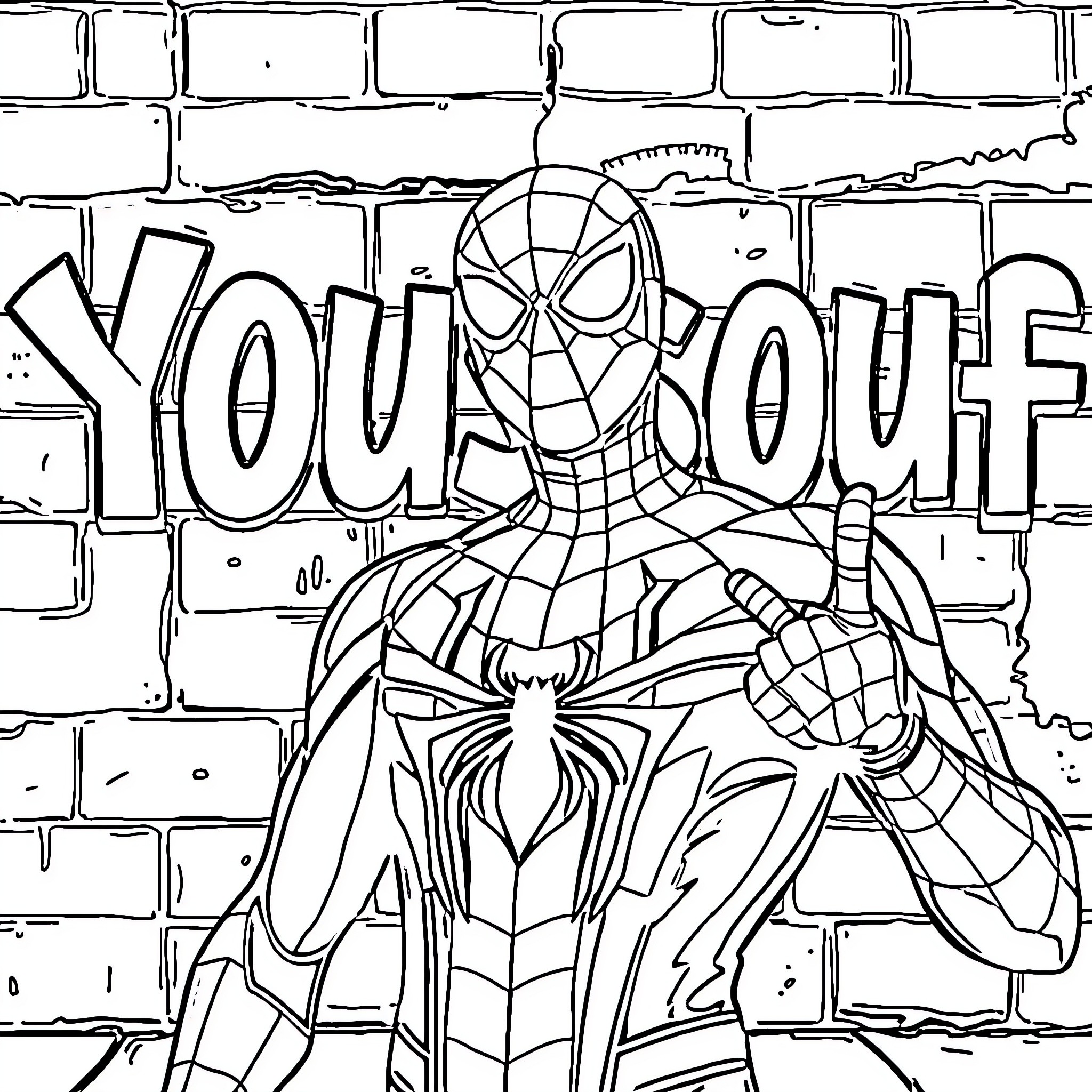 Spiderman striking a heroic pose against brick wall Coloring Page (free black-and-white line drawing printable PDF for all, from beginners to advanced learners, including children, teens, adults, and seniors)