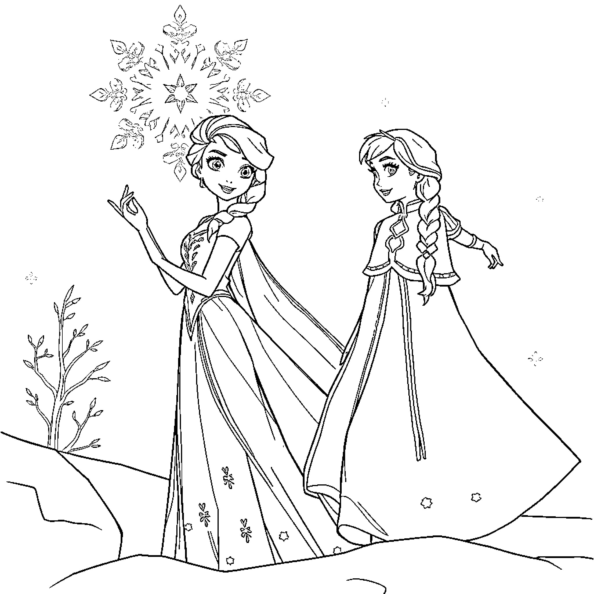 Elsa and Anna enjoying winter wonderland Coloring Page (free black-and-white line drawing printable PDF for all, from beginners to advanced learners, including children, teens, adults, and seniors)