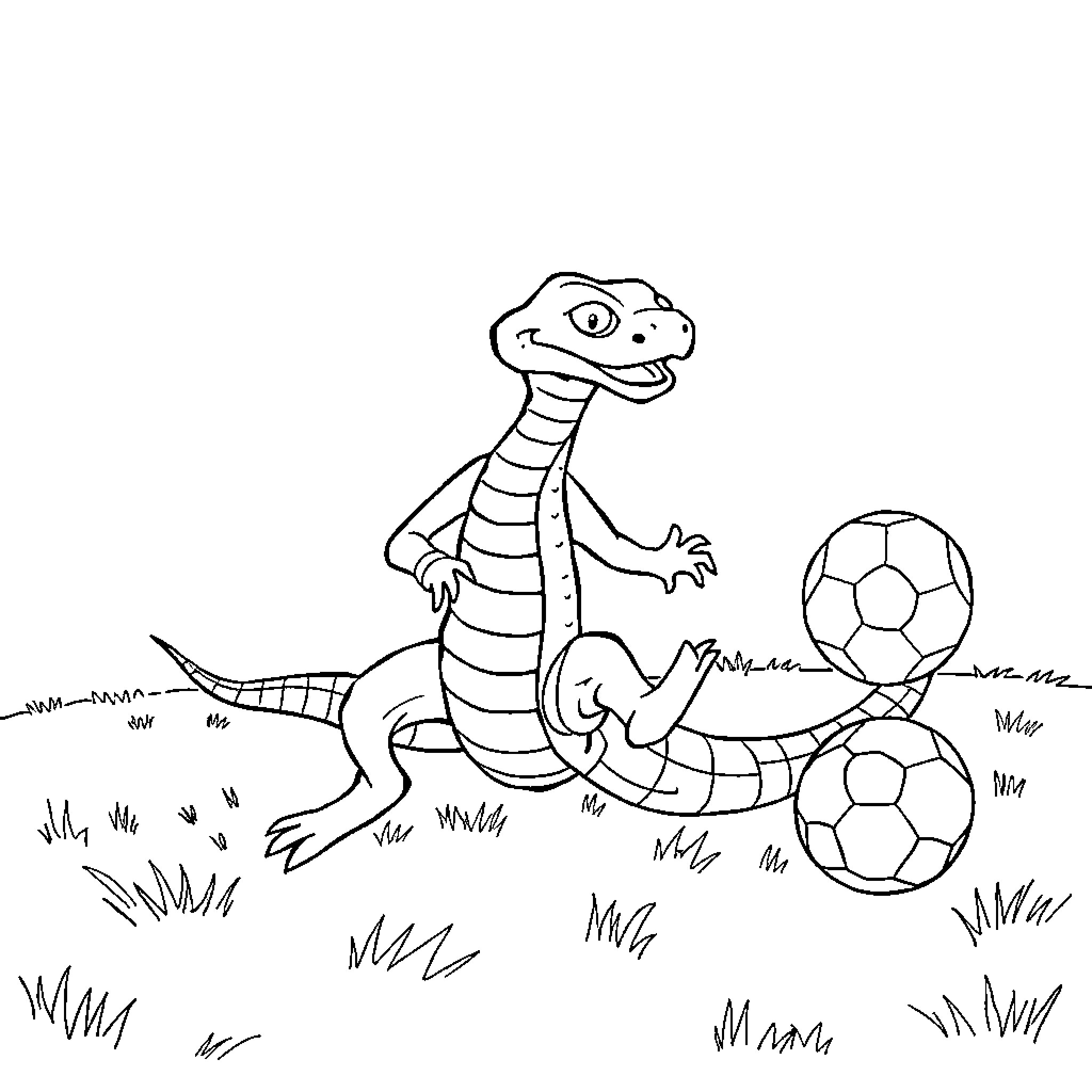 Snake playing with soccer balls in the park Coloring Page (free black-and-white line drawing printable PDF for all, from beginners to advanced learners, including children, teens, adults, and seniors)