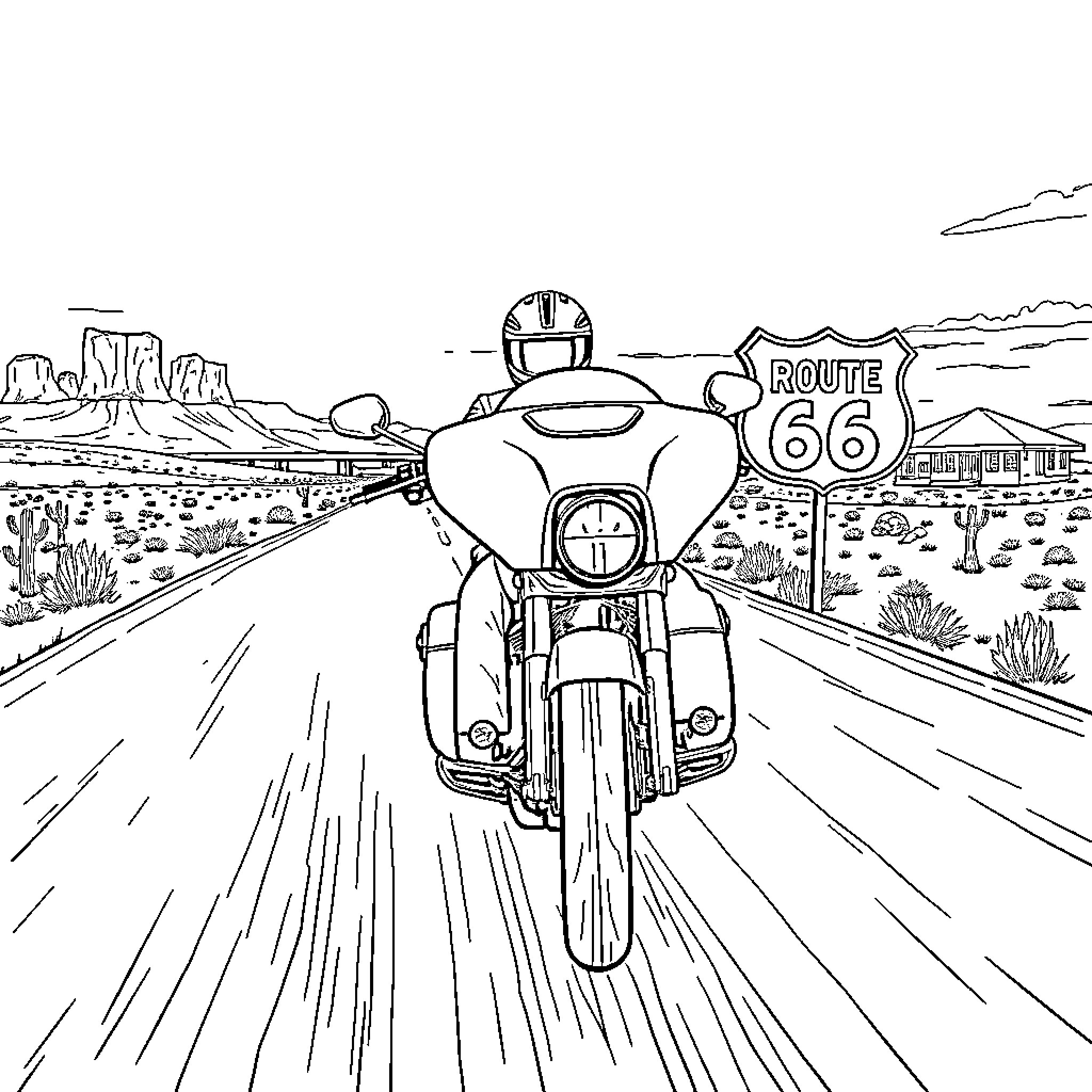 Harley riding along historic Route 66 in the desert Coloring Page (free black-and-white line drawing printable PDF for all, from beginners to advanced learners, including children, teens, adults, and seniors)