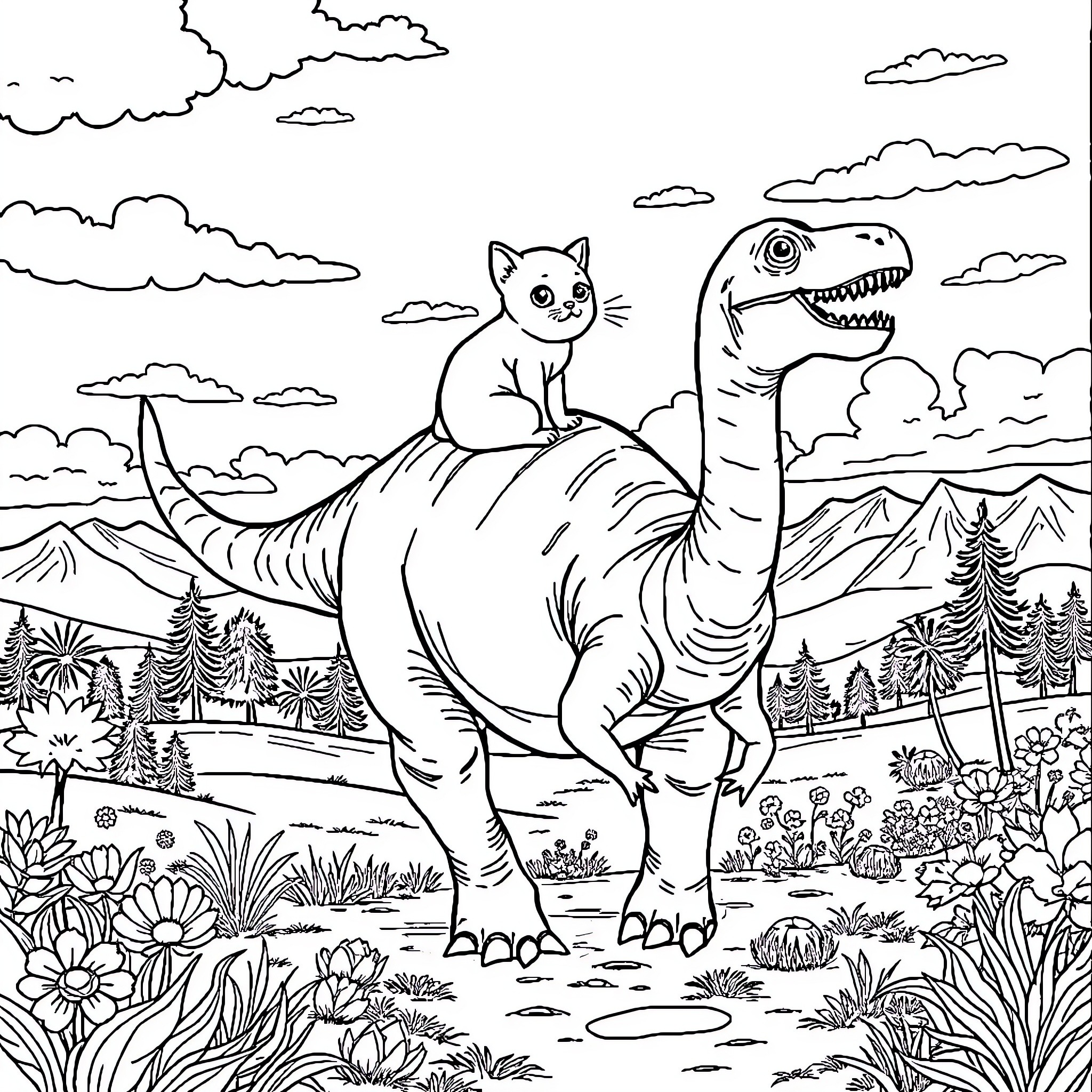 Cat riding a dinosaur in a scenic landscape Coloring Page (free black-and-white line drawing printable PDF for all, from beginners to advanced learners, including children, teens, adults, and seniors)