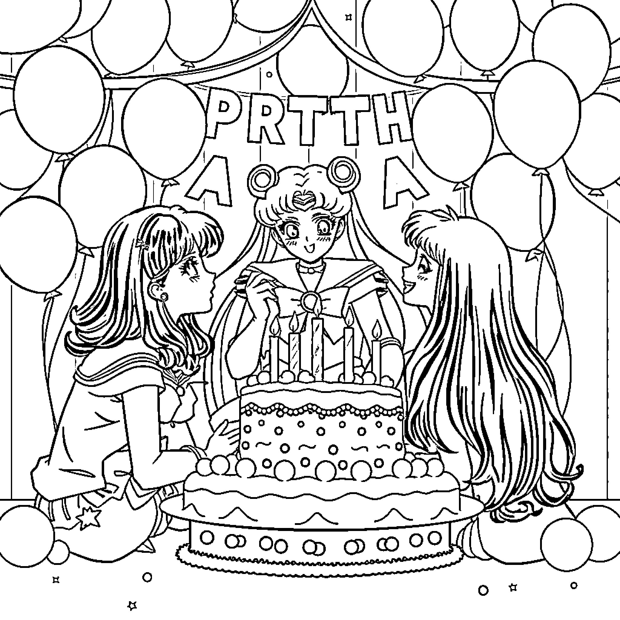 Sailor Moon's Birthday Party with Friends Coloring Page (free black-and-white line drawing printable PDF for all, from beginners to advanced learners, including children, teens, adults, and seniors)