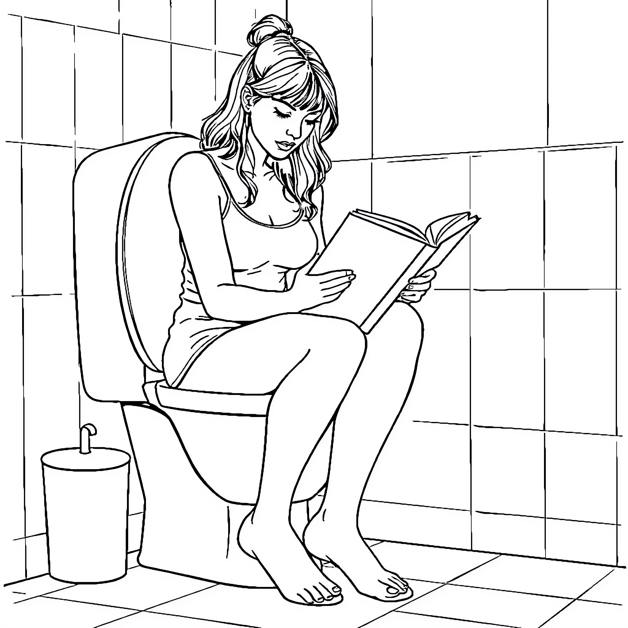 Woman reading a book in the bathroom Coloring Page (free black-and-white line drawing printable PDF for all, from beginners to advanced learners, including children, teens, adults, and seniors)