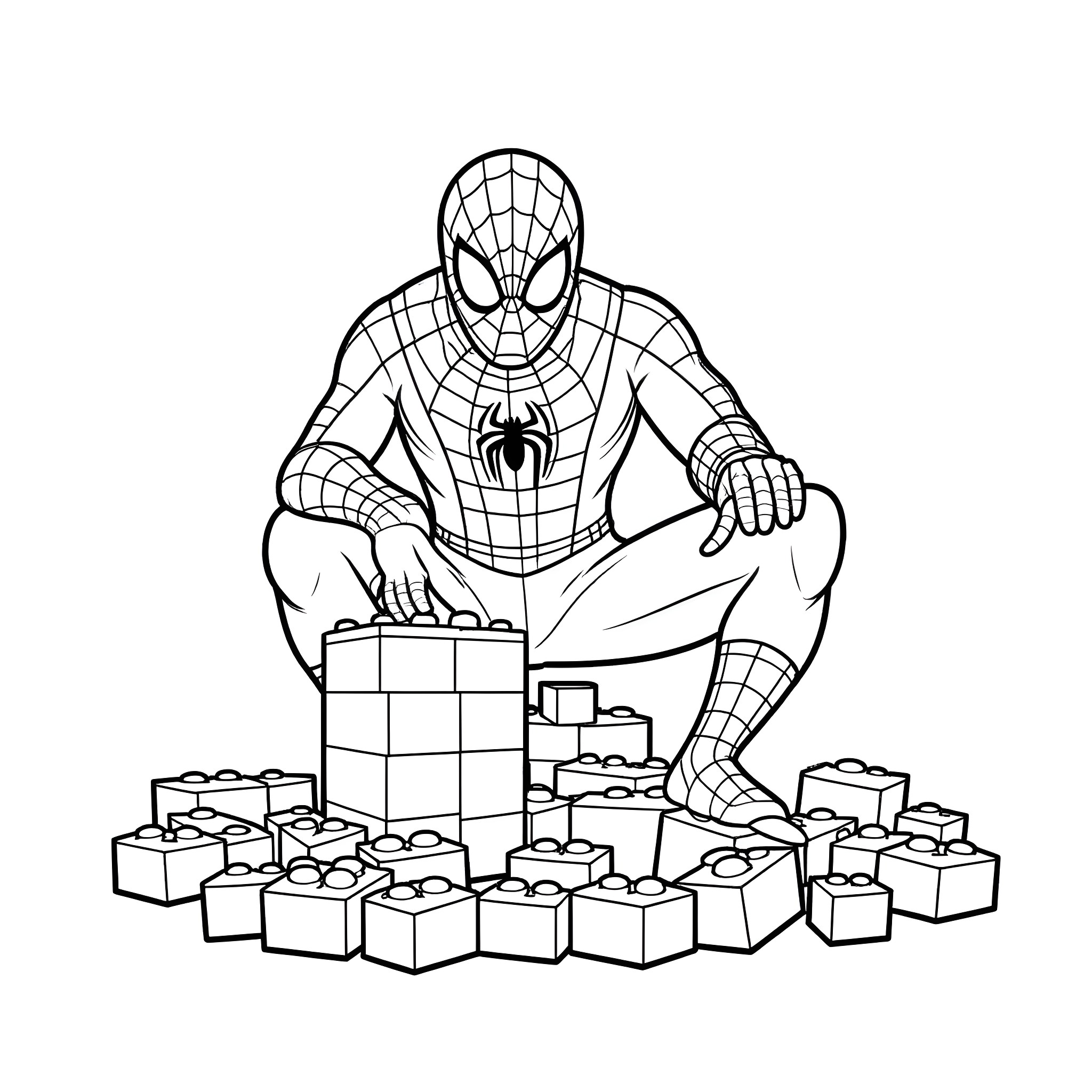 Spider-Man building with toy blocks Coloring Page (free black-and-white line drawing printable PDF for all, from beginners to advanced learners, including children, teens, adults, and seniors)