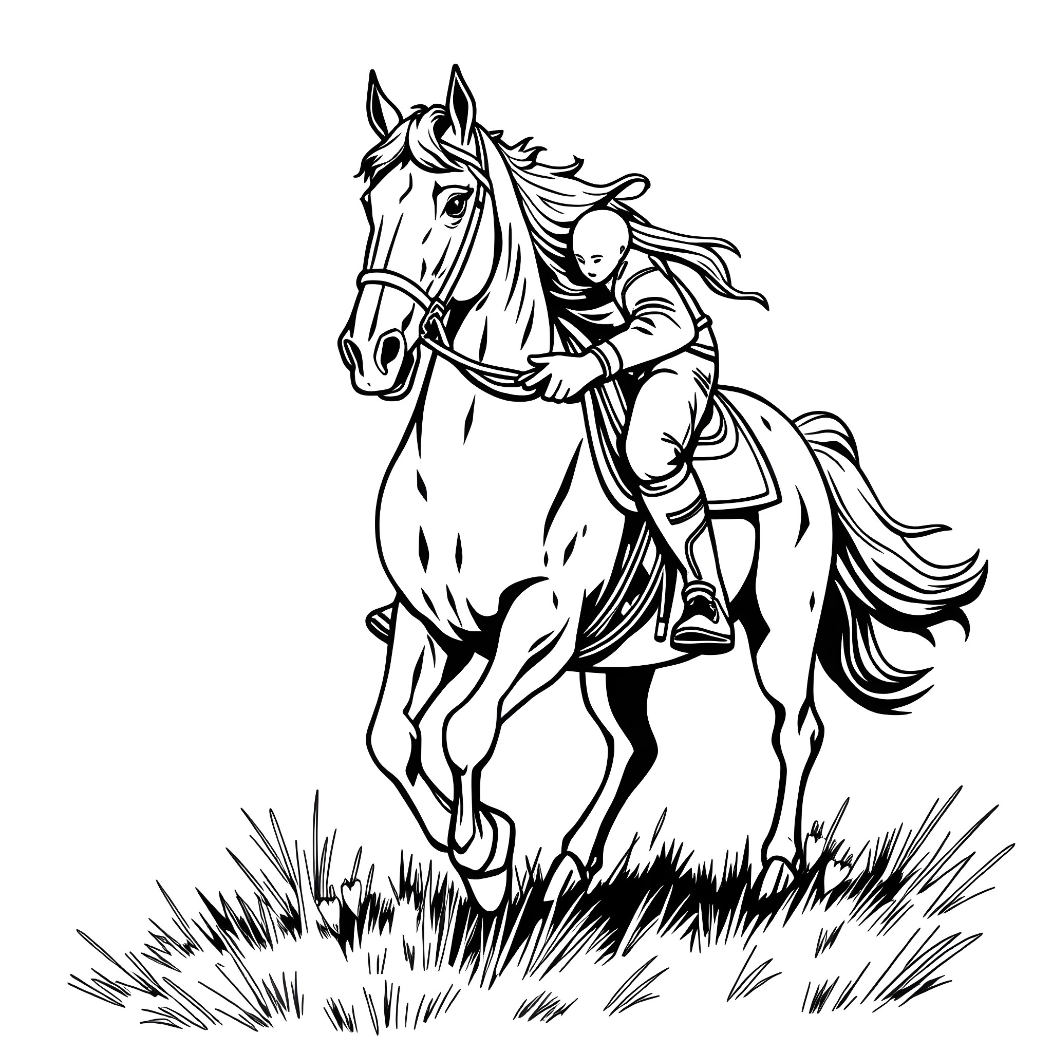 Roughrider on a galloping horse Coloring Page (free black-and-white line drawing printable PDF for all, from beginners to advanced learners, including children, teens, adults, and seniors)