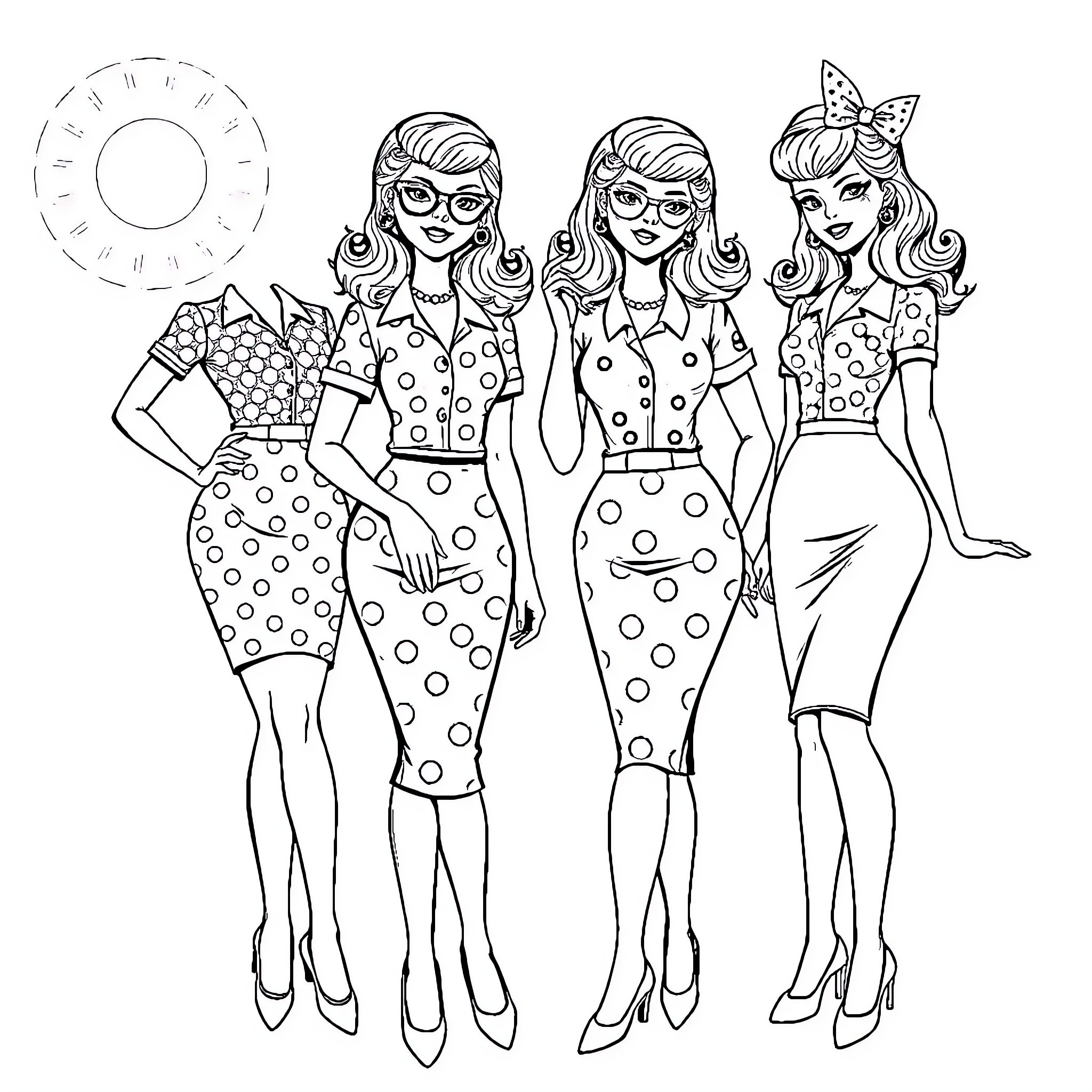 Rockabilly Girls in Retro Polka Dot Outfits Coloring Page (free black-and-white line drawing printable PDF for all, from beginners to advanced learners, including children, teens, adults, and seniors)