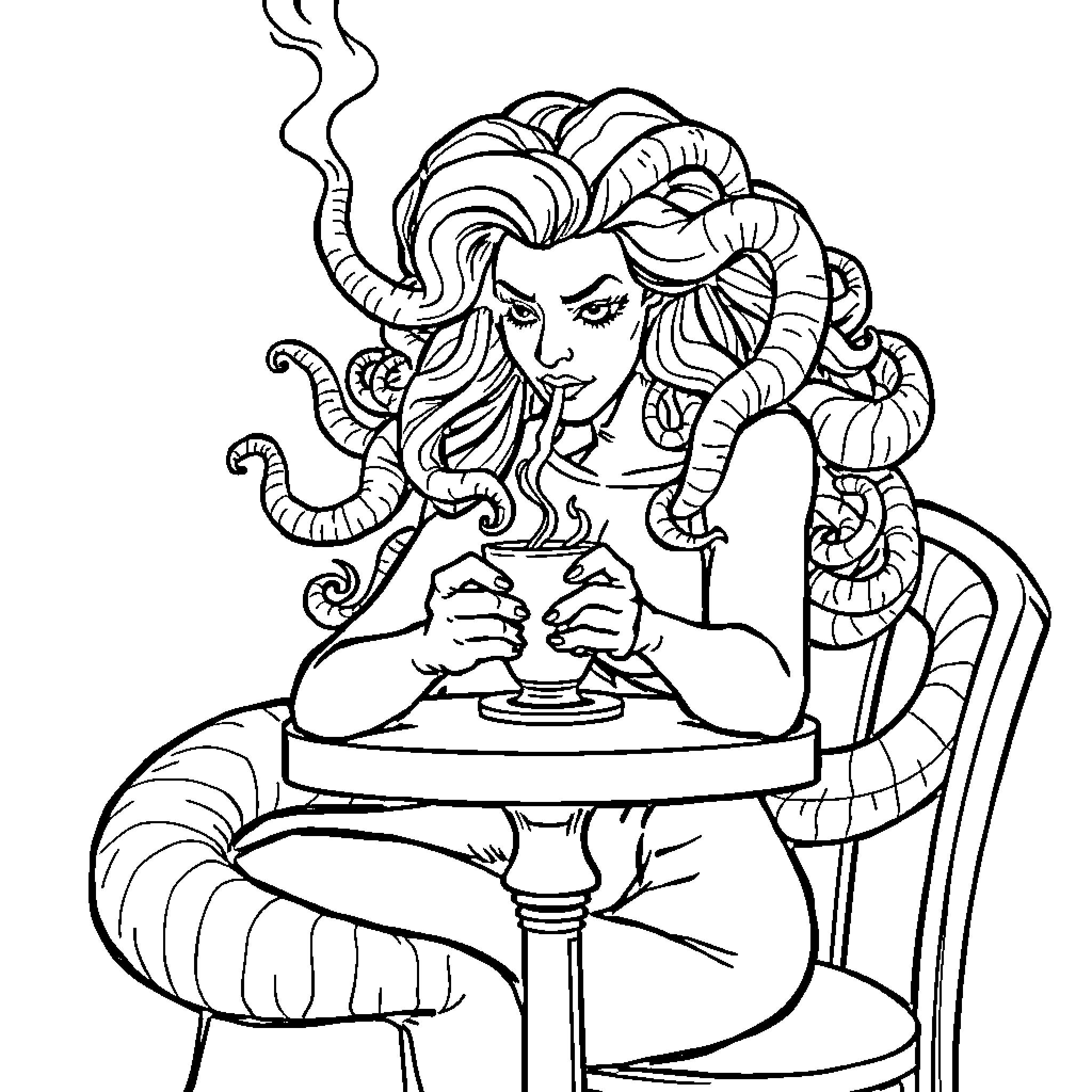 Medusa enjoying a hot beverage in an elegant setting Coloring Page (free black-and-white line drawing printable PDF for all, from beginners to advanced learners, including children, teens, adults, and seniors)