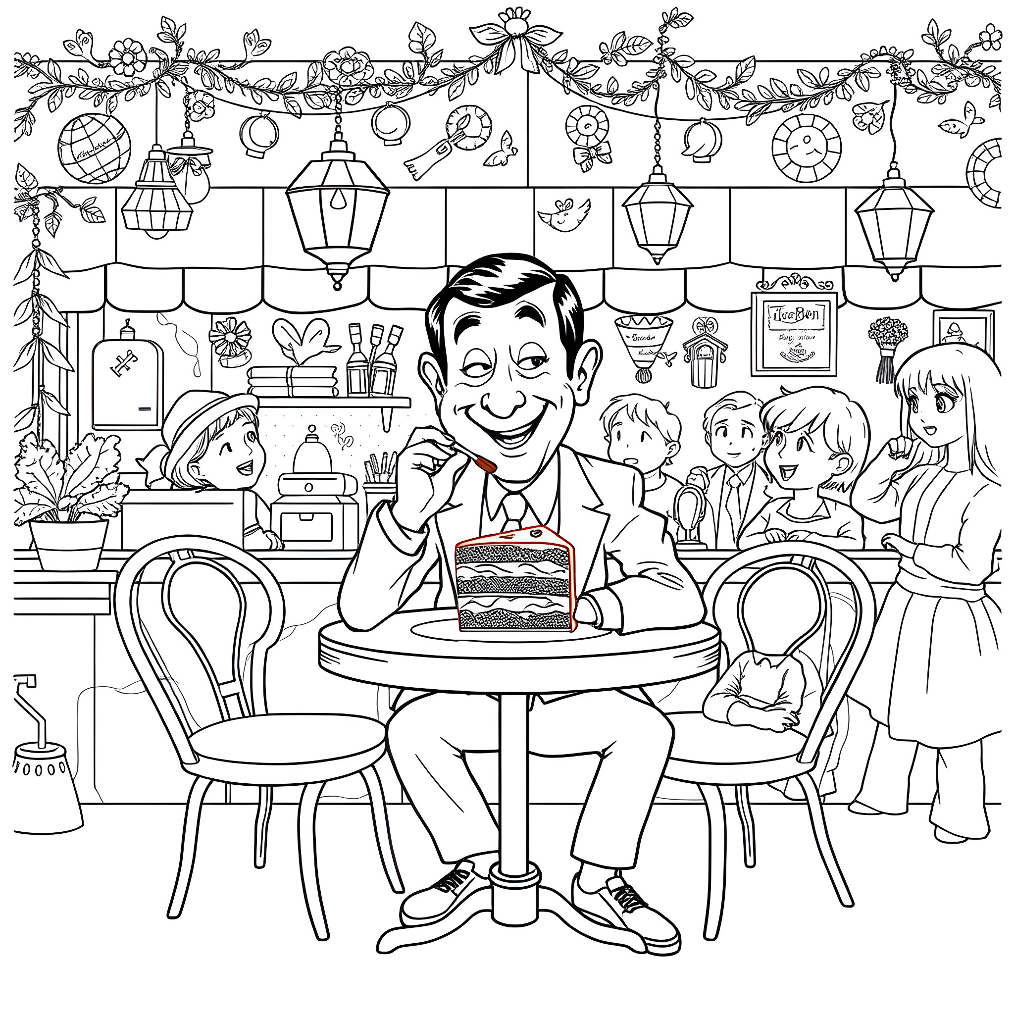 Mr Bean celebrating his birthday at a cafe with family Coloring Page (free black-and-white line drawing printable PDF for all, from beginners to advanced learners, including children, teens, adults, and seniors)