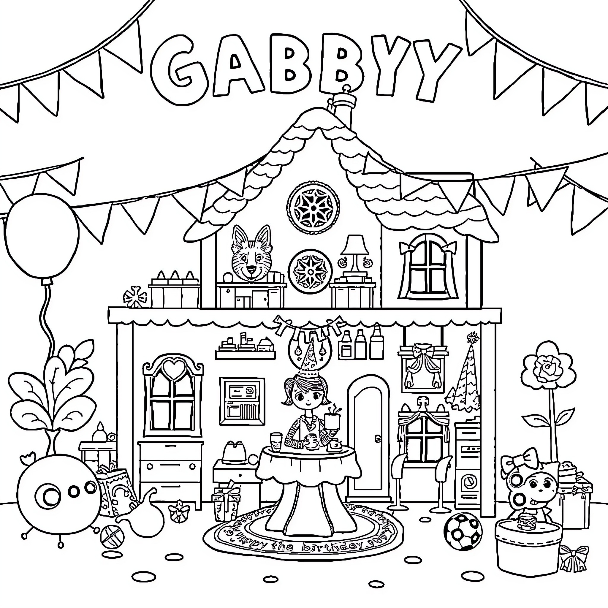 Gabby's Dollhouse with Playful Decorations and Characters Coloring Page (free black-and-white line drawing printable PDF for all, from beginners to advanced learners, including children, teens, adults, and seniors)