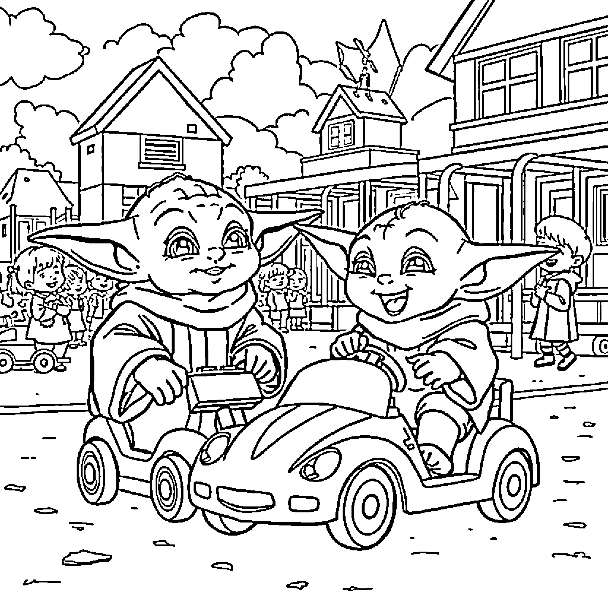 Yoda characters having fun in a small town Coloring Page (free black-and-white line drawing printable PDF for all, from beginners to advanced learners, including children, teens, adults, and seniors)