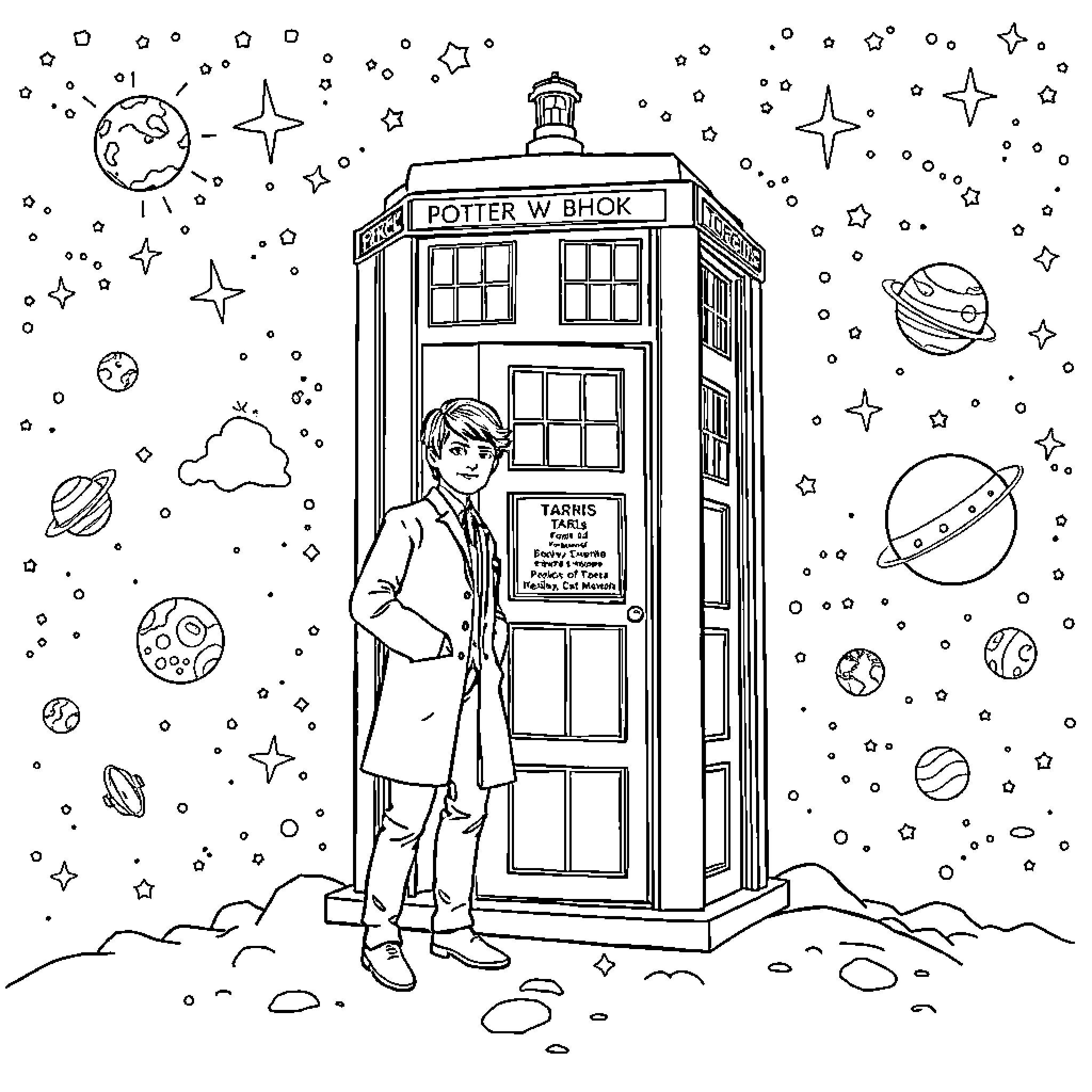 Doctor Who standing next to the TARDIS in space Coloring Page (free black-and-white line drawing printable PDF for all, from beginners to advanced learners, including children, teens, adults, and seniors)