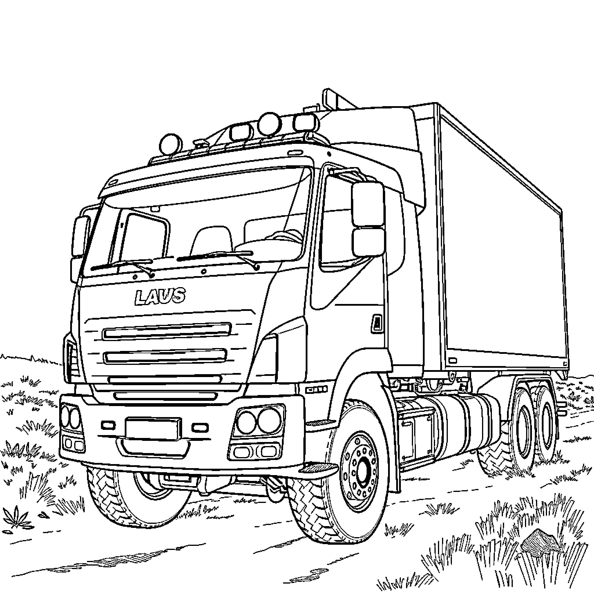 Truck transporting cargo through rugged terrain Coloring Page (free black-and-white line drawing printable PDF for all, from beginners to advanced learners, including children, teens, adults, and seniors)
