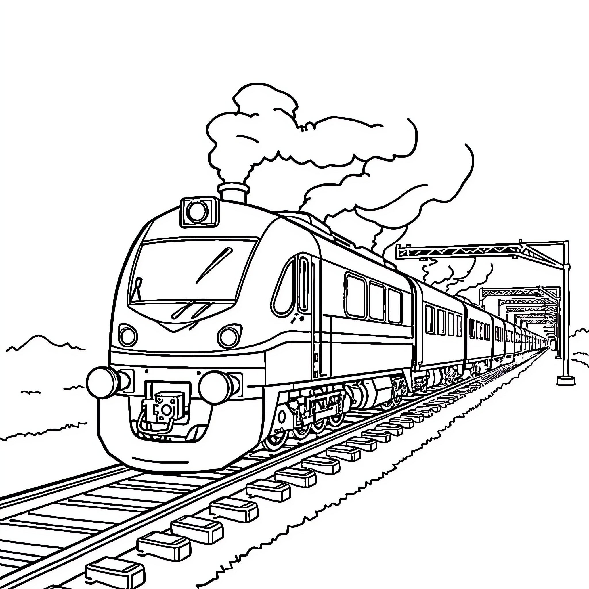 Train speeding through the countryside Coloring Page (free black-and-white line drawing printable PDF for all, from beginners to advanced learners, including children, teens, adults, and seniors)