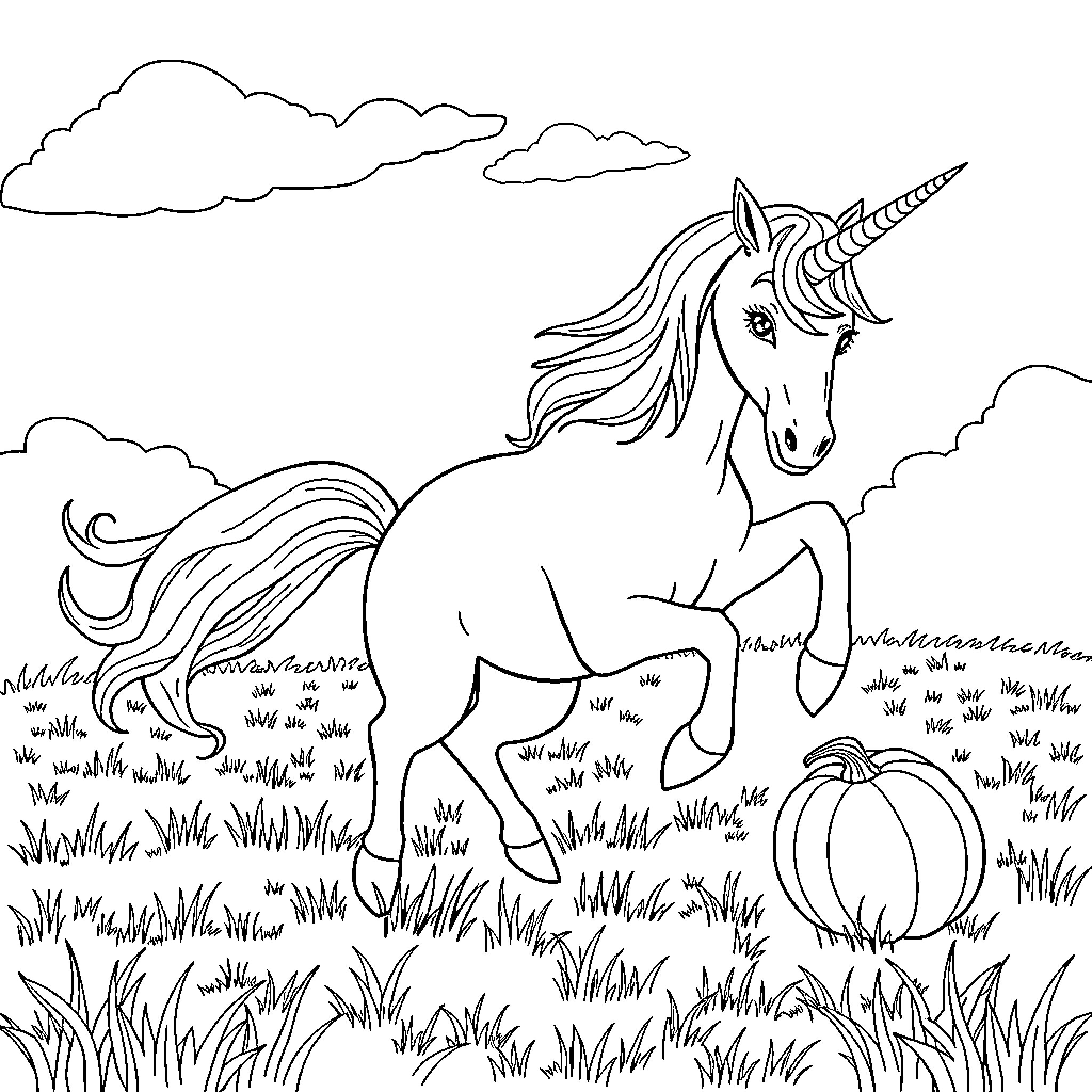 Unicorn grazing in a meadow with clouds Coloring Page (free black-and-white line drawing printable PDF for all, from beginners to advanced learners, including children, teens, adults, and seniors)