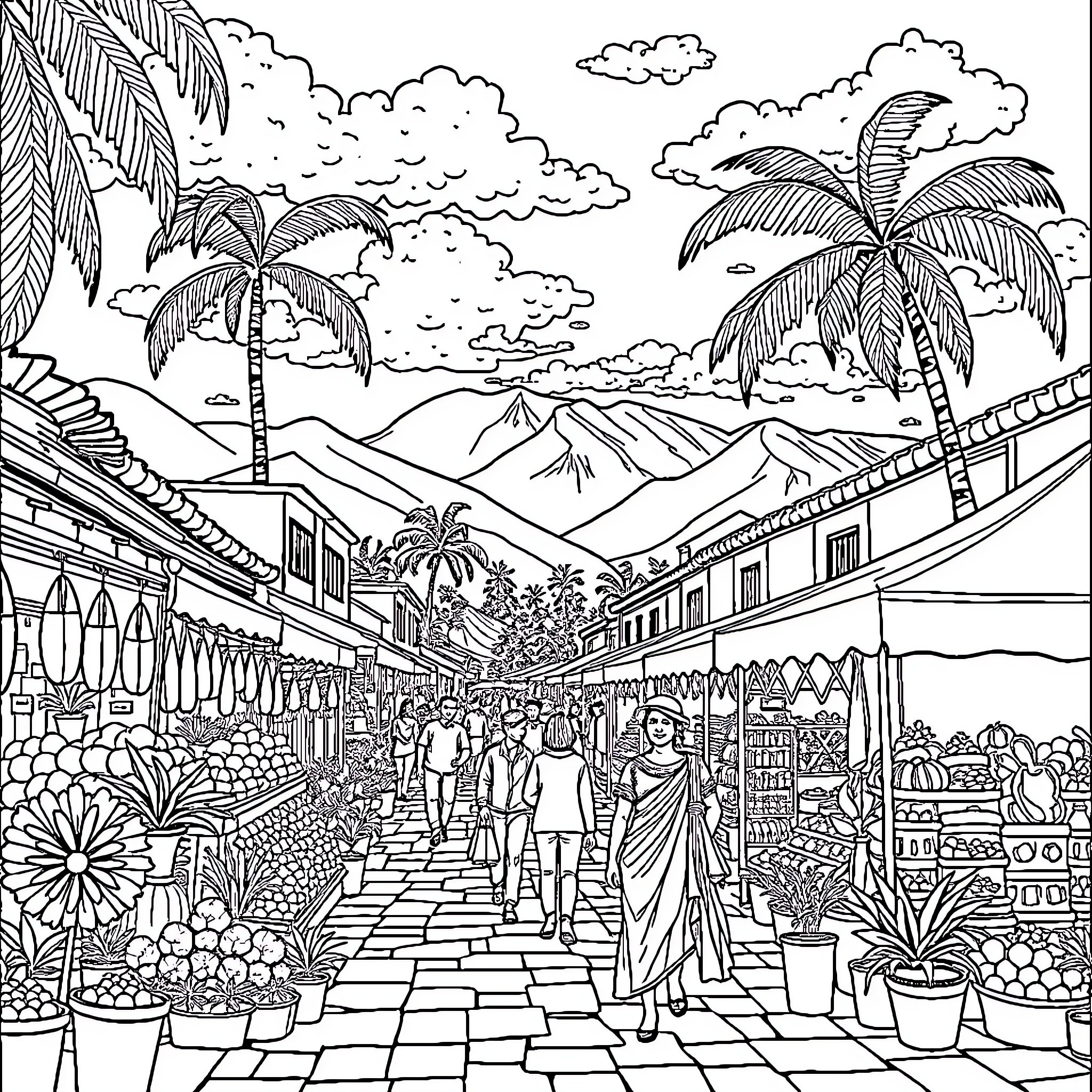 Pinura Vibrant Marketplace in Tropical Scenery Coloring Page (free black-and-white line drawing printable PDF for all, from beginners to advanced learners, including children, teens, adults, and seniors)