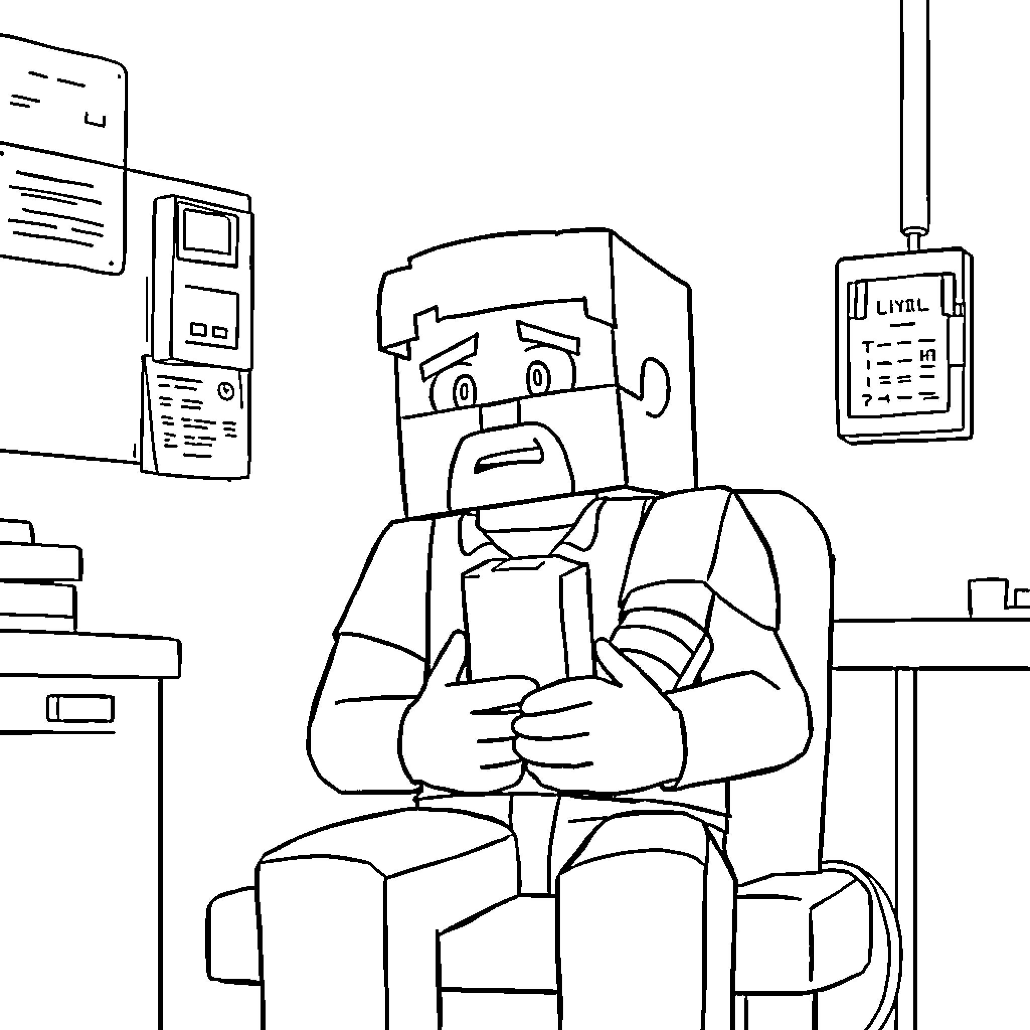 Steve working diligently on computer in office Coloring Page (free black-and-white line drawing printable PDF for all, from beginners to advanced learners, including children, teens, adults, and seniors)