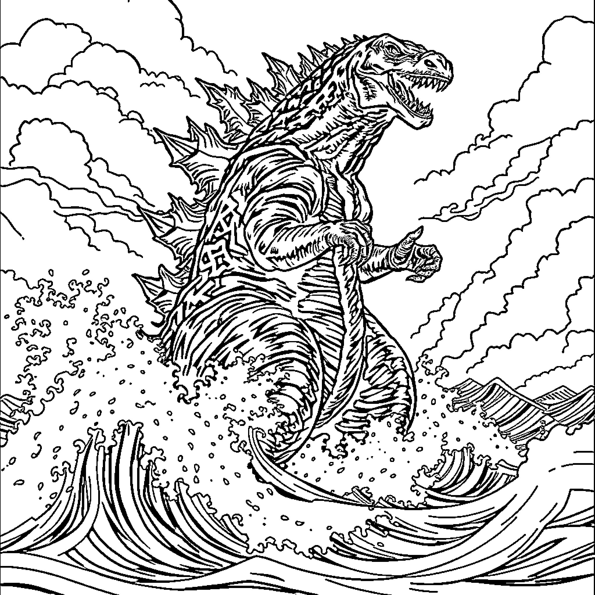 Godzilla emerging from the stormy sea Coloring Page (free black-and-white line drawing printable PDF for all, from beginners to advanced learners, including children, teens, adults, and seniors)