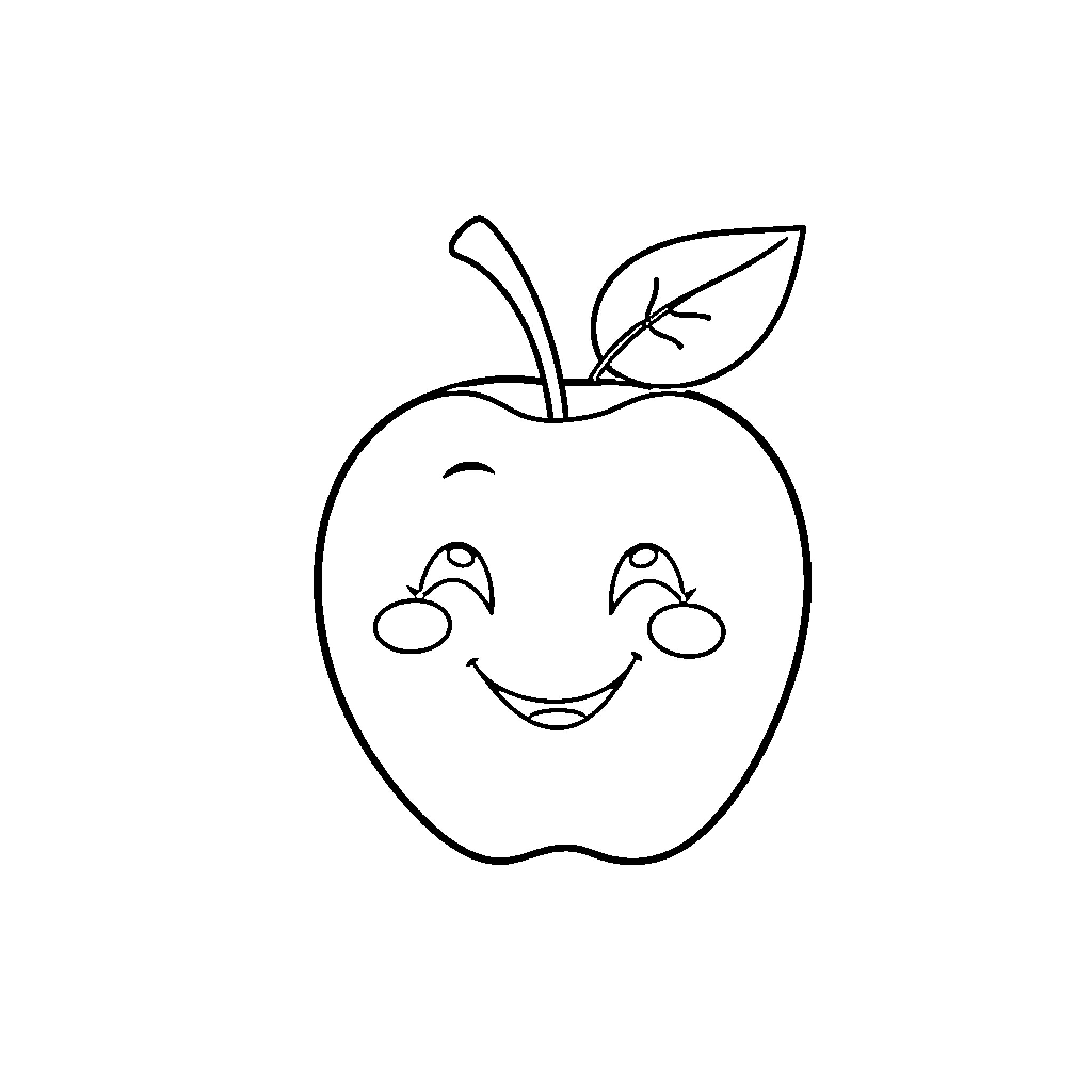 Apple with a happy expression Coloring Page (free black-and-white line drawing printable PDF for all, from beginners to advanced learners, including children, teens, adults, and seniors)