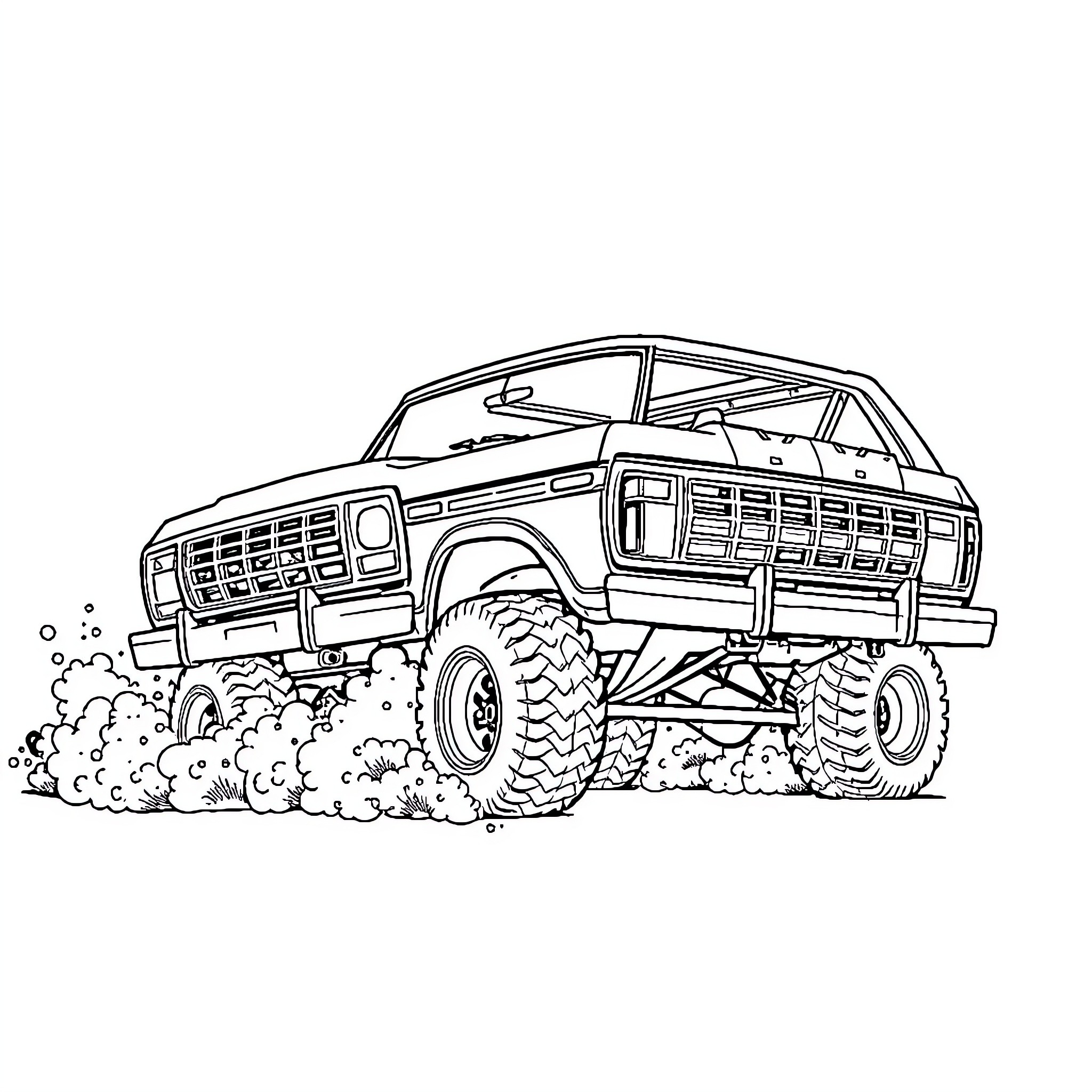 Bronco off-road adventure in the mud Coloring Page (free black-and-white line drawing printable PDF for all, from beginners to advanced learners, including children, teens, adults, and seniors)