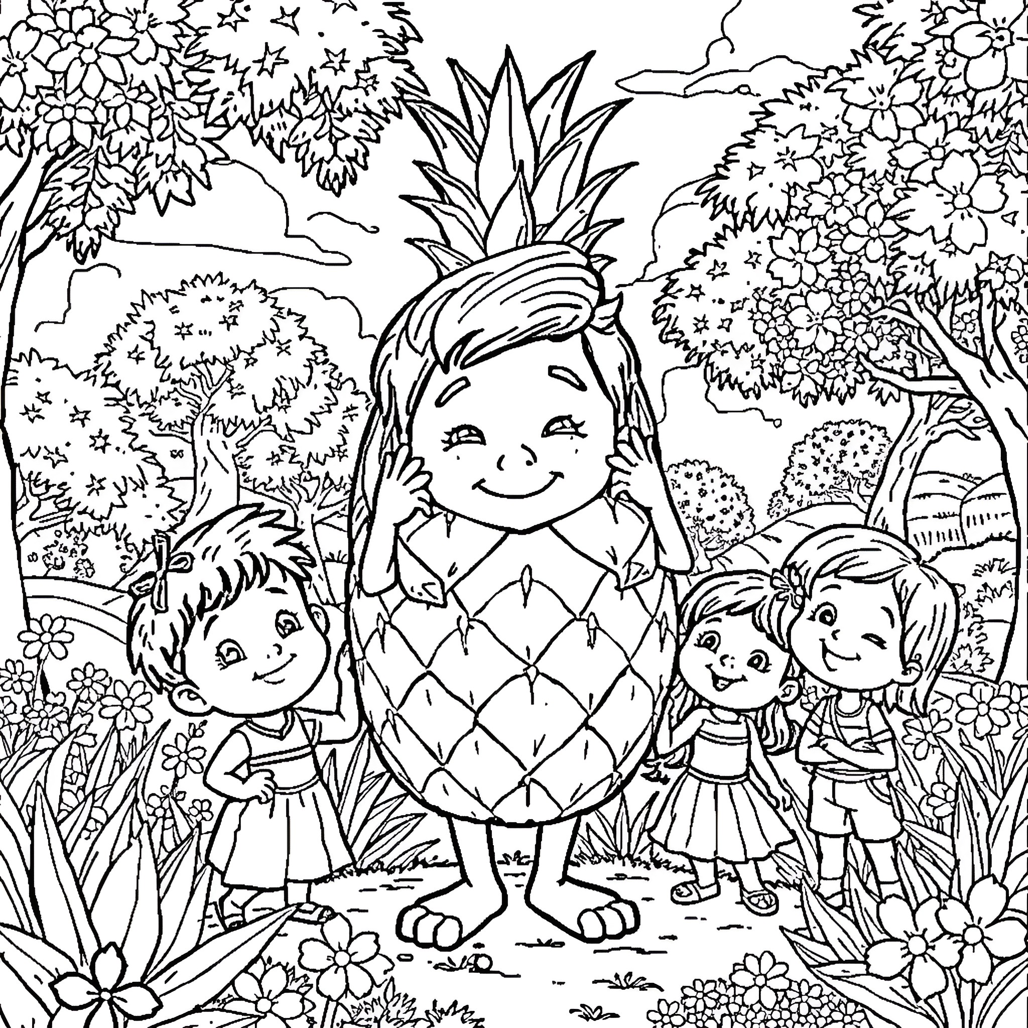 Principito and friends explore the enchanted forest Coloring Page (free black-and-white line drawing printable PDF for all, from beginners to advanced learners, including children, teens, adults, and seniors)