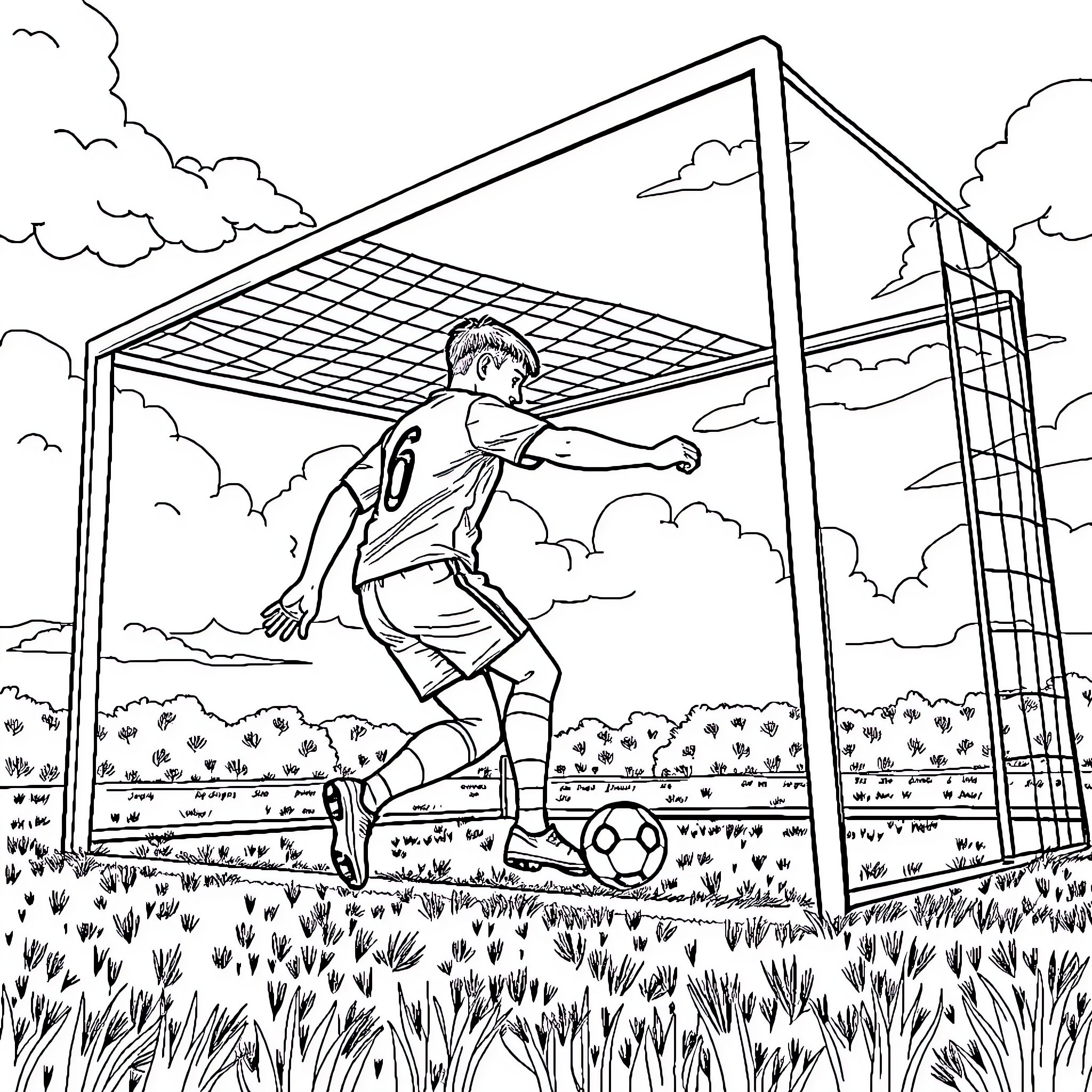 Footballeur kicking the ball on the field Coloring Page (free black-and-white line drawing printable PDF for all, from beginners to advanced learners, including children, teens, adults, and seniors)