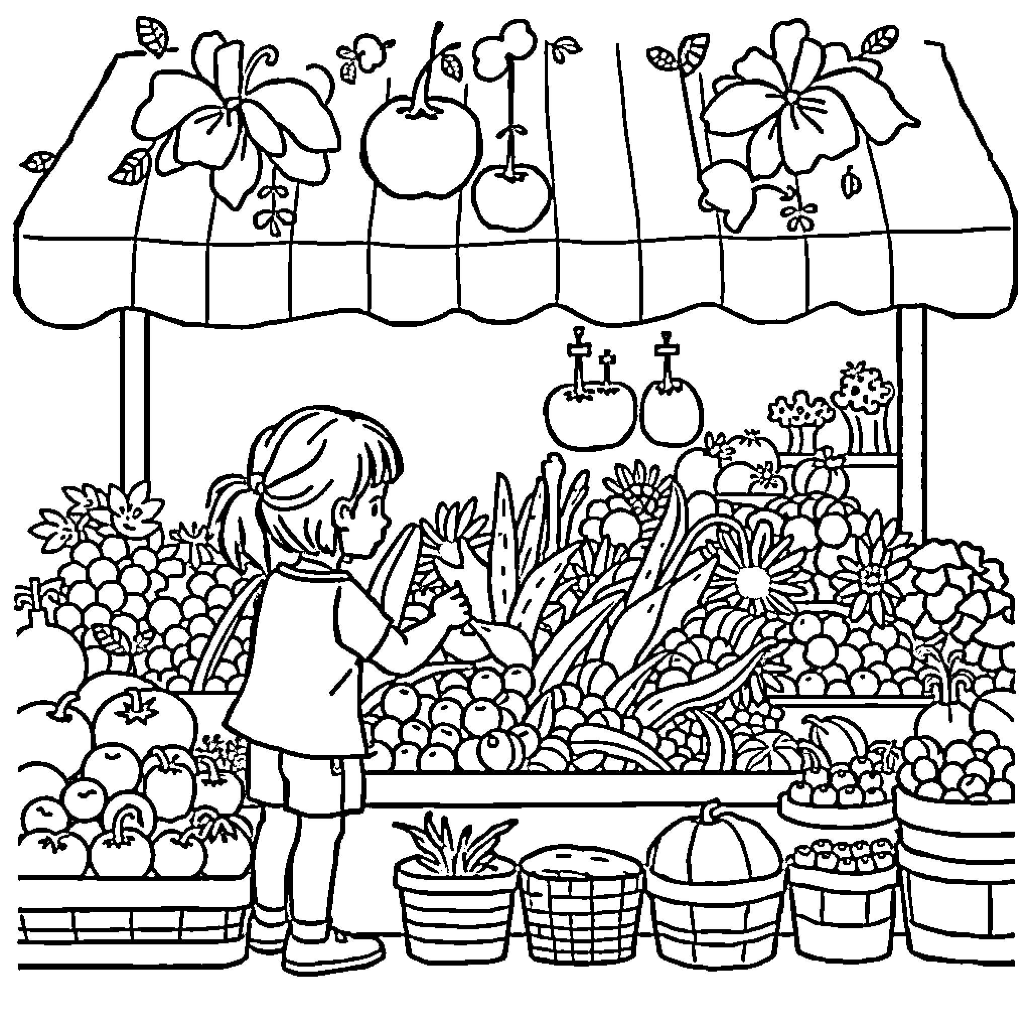 Kid shopping at colorful produce market Coloring Page (free black-and-white line drawing printable PDF for all, from beginners to advanced learners, including children, teens, adults, and seniors)