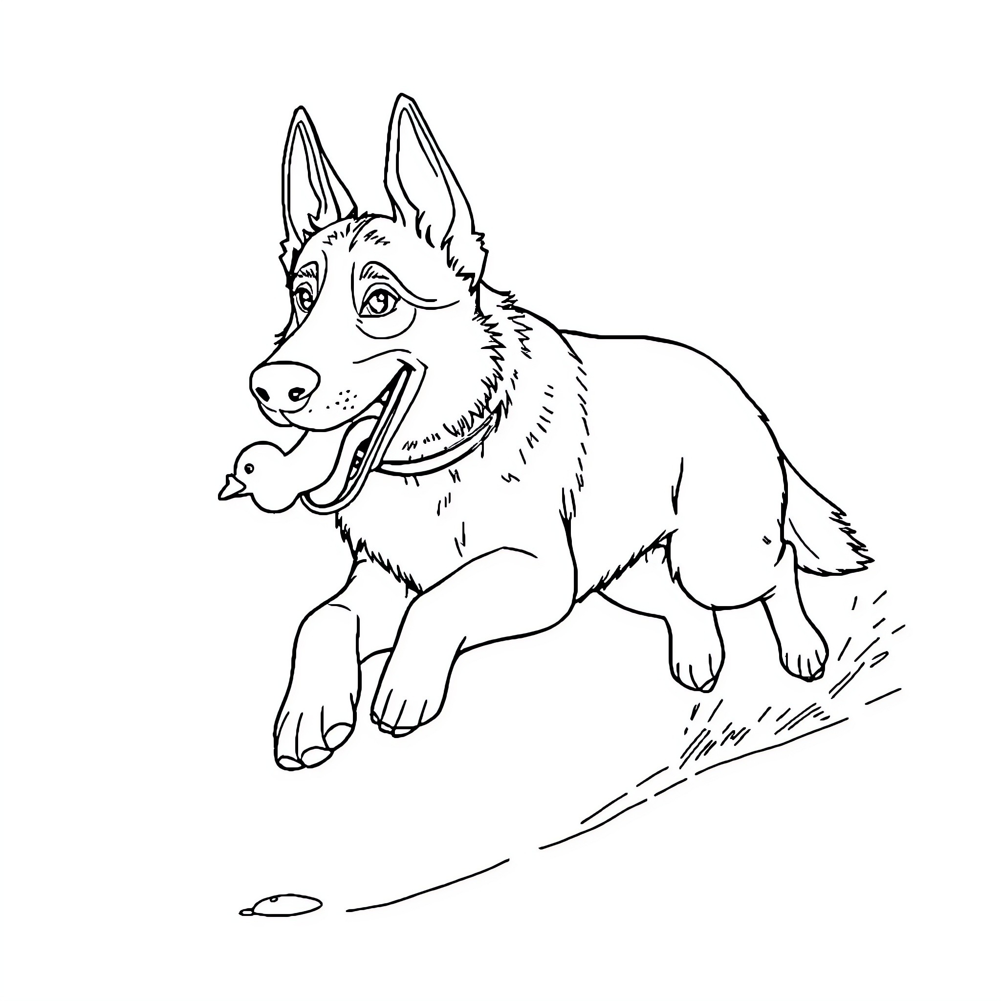German Shepherd playing happily on the ground Coloring Page (free black-and-white line drawing printable PDF for all, from beginners to advanced learners, including children, teens, adults, and seniors)