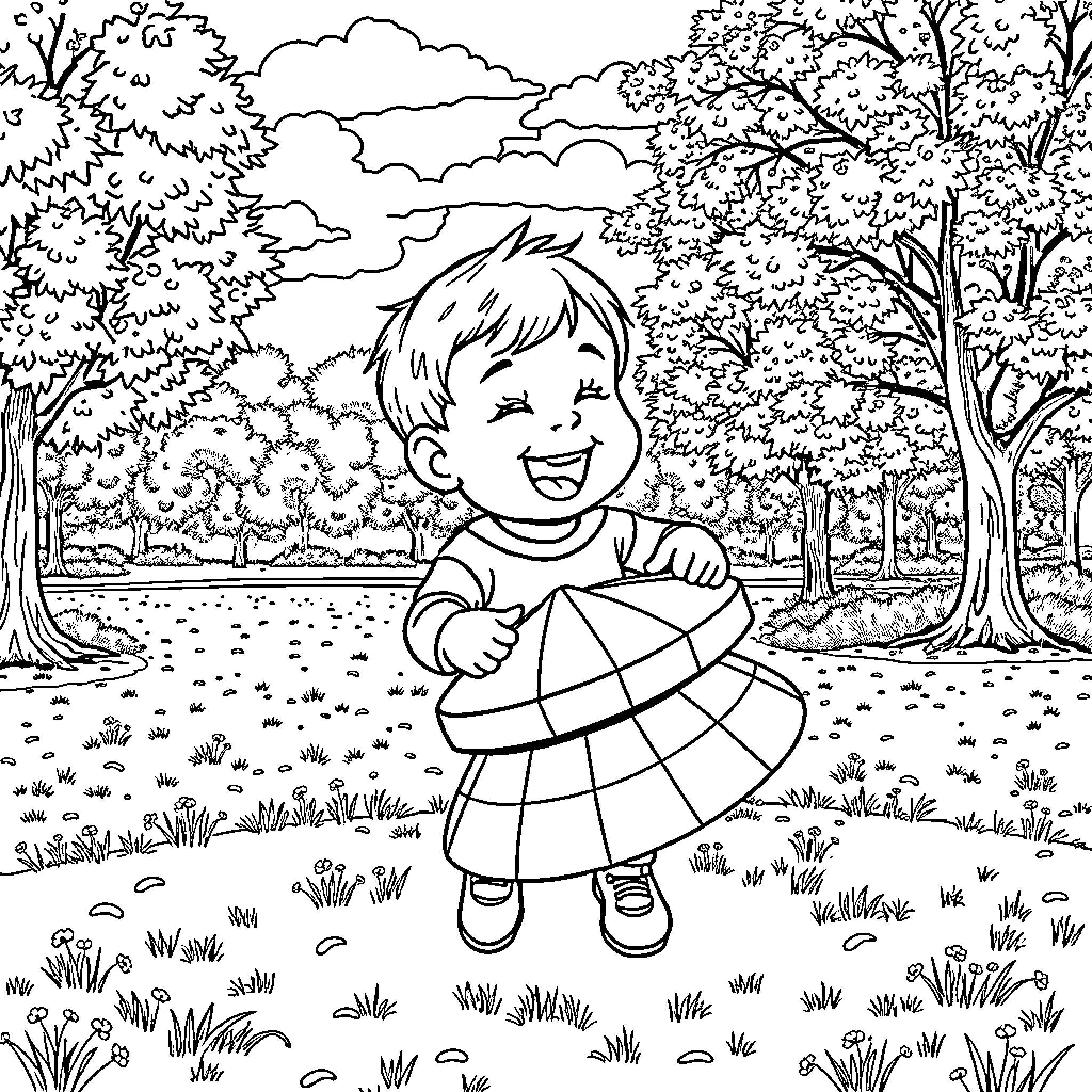 Oliver enjoying a sunny day in the park Coloring Page (free black-and-white line drawing printable PDF for all, from beginners to advanced learners, including children, teens, adults, and seniors)