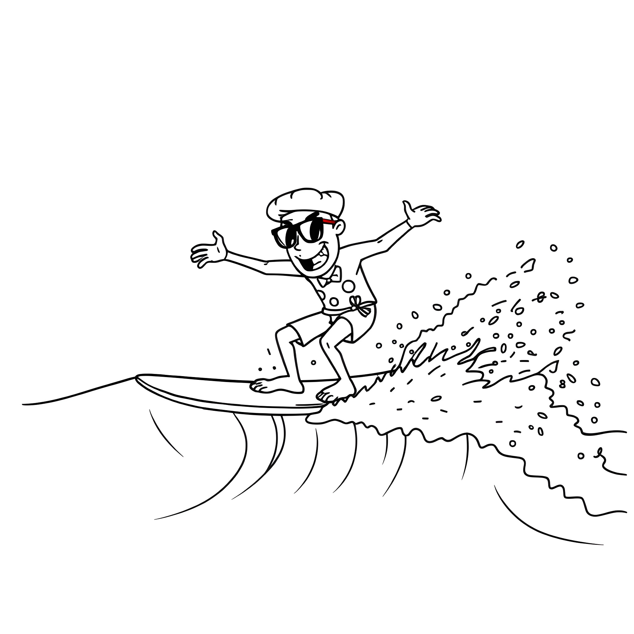 Pizza Steve surfing the waves with excitement Coloring Page (free black-and-white line drawing printable PDF for all, from beginners to advanced learners, including children, teens, adults, and seniors)