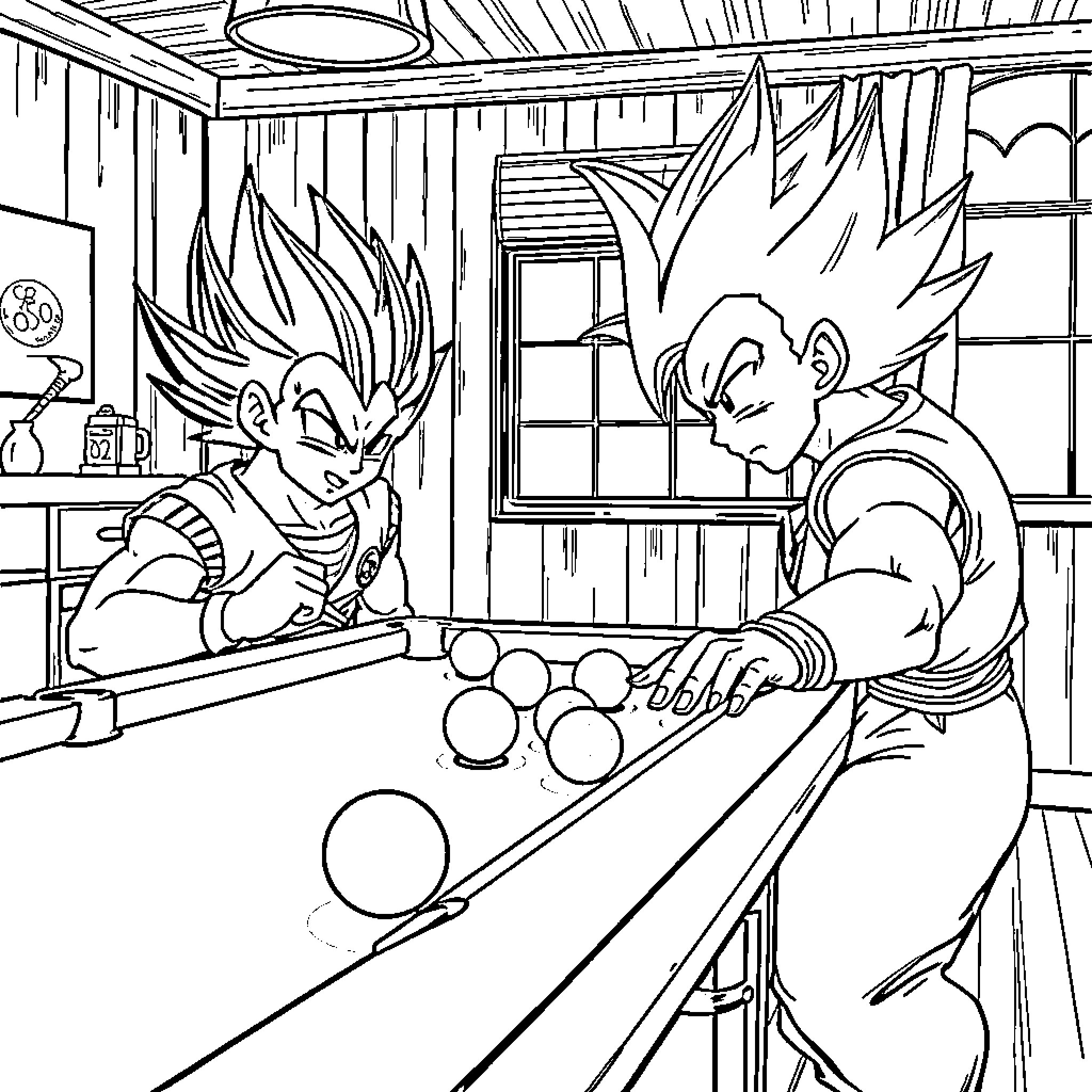 Vegeta and Goku engaging in a fierce battle indoors Coloring Page (free black-and-white line drawing printable PDF for all, from beginners to advanced learners, including children, teens, adults, and seniors)