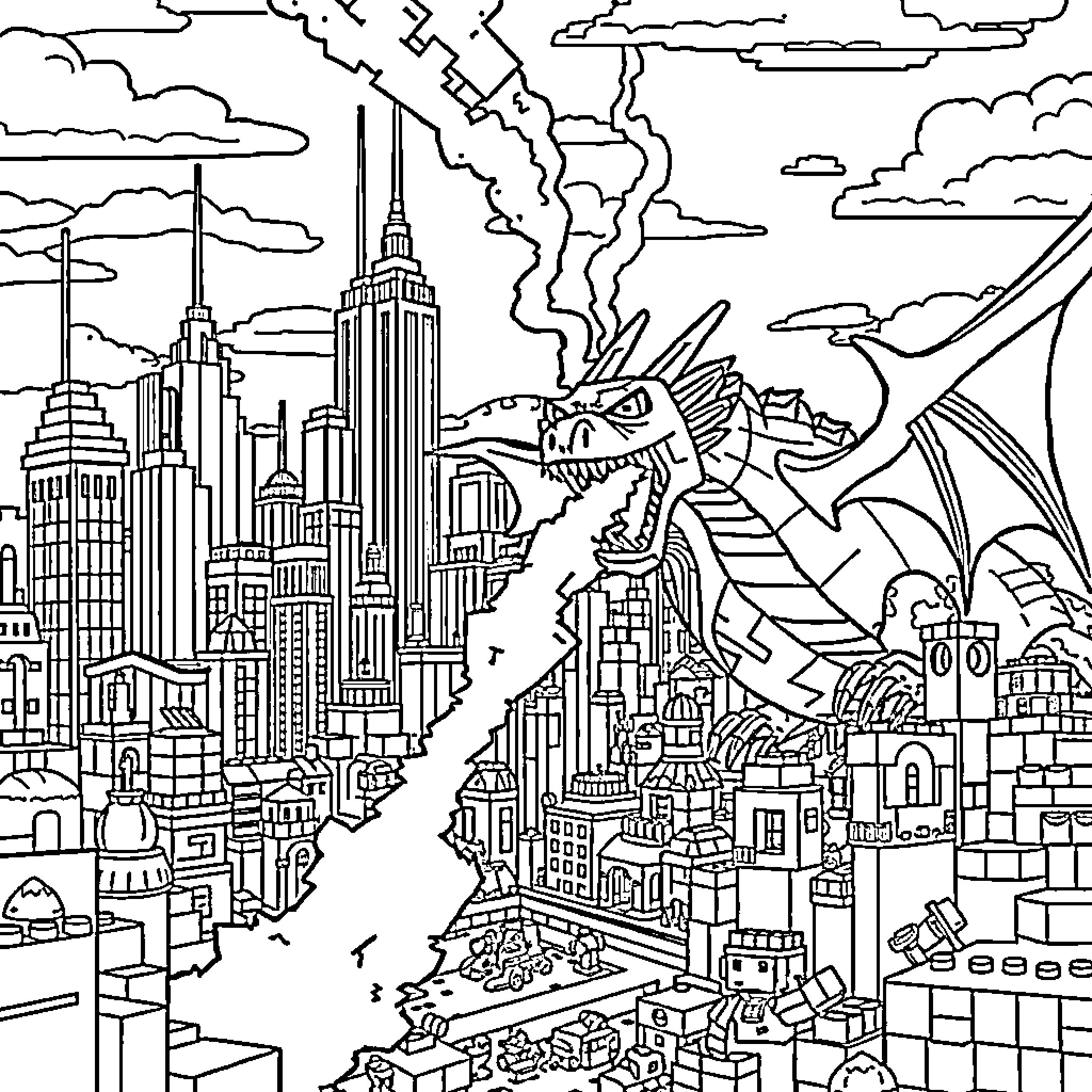 Dragon soaring over a fantastical city skyline Coloring Page (free black-and-white line drawing printable PDF for all, from beginners to advanced learners, including children, teens, adults, and seniors)