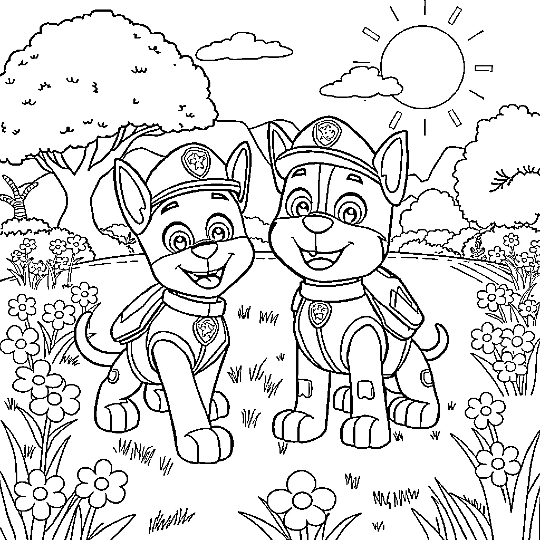 Paw Patrol characters in a scenic outdoor setting Coloring Page (free black-and-white line drawing printable PDF for all, from beginners to advanced learners, including children, teens, adults, and seniors)