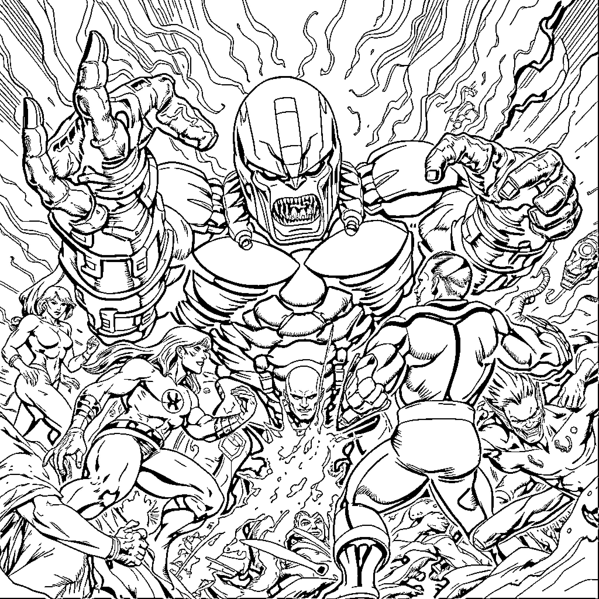 Galactus battling several powerful superheroes in a cosmic confrontation Coloring Page (free black-and-white line drawing printable PDF for all, from beginners to advanced learners, including children, teens, adults, and seniors)