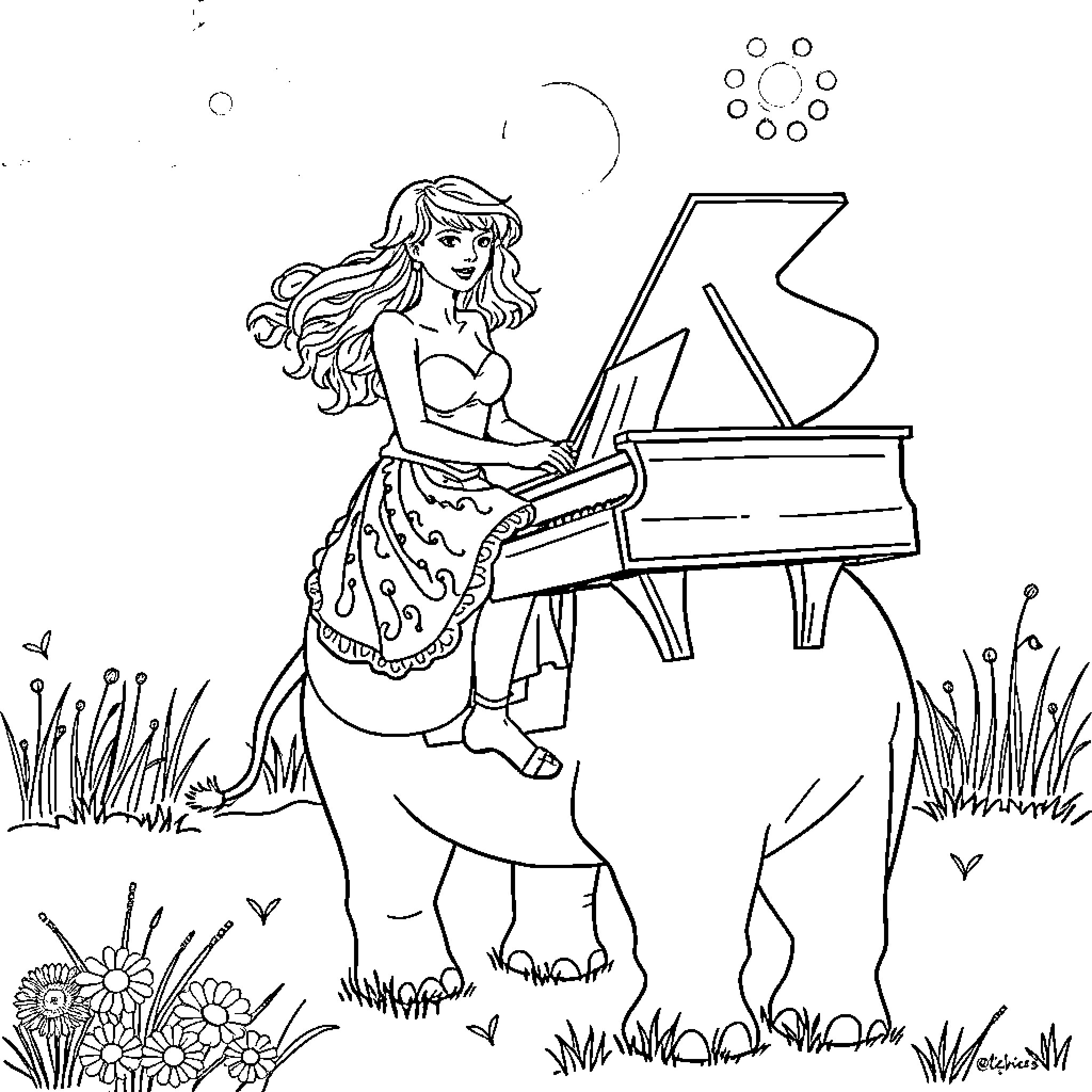 Taylor Swift playing piano in a meadow Coloring Page (free black-and-white line drawing printable PDF for all, from beginners to advanced learners, including children, teens, adults, and seniors)